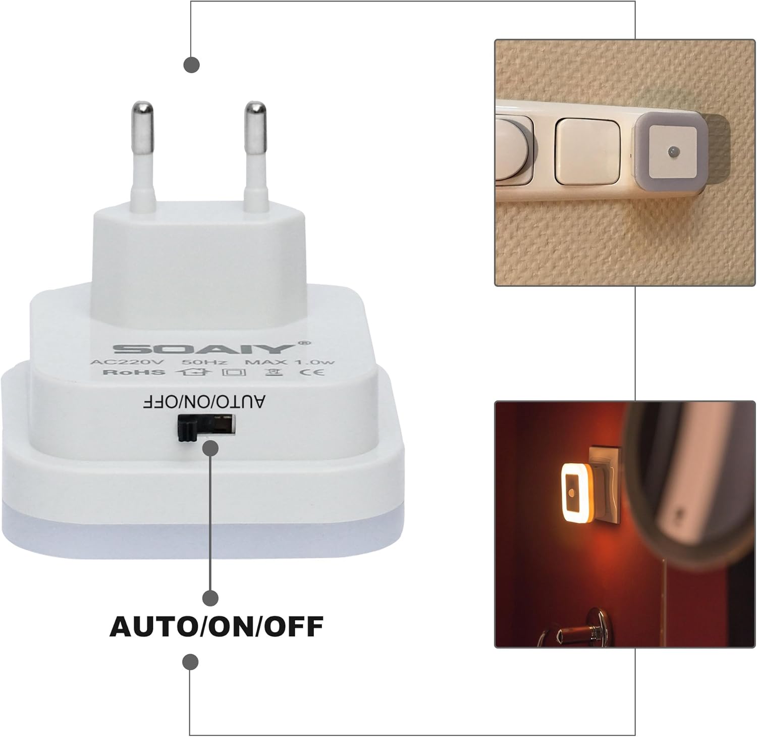 Close-up of the AUTO/ON/OFF switch on the SOAIY LED Night Light