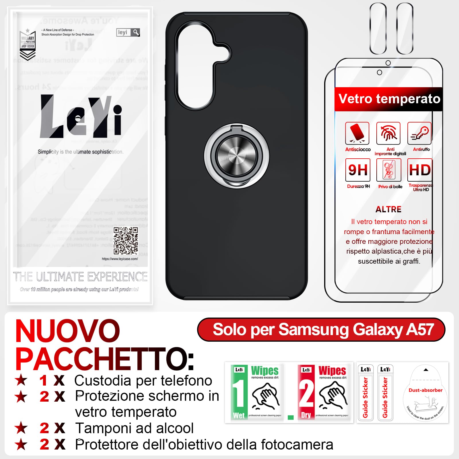 LeYi Cover per Samsung A57/A 57 con 2 Vetri Temperati - Custodia TPU+PC con Anello Girevole 360°, Protezione Militare Antiscivolo per Galaxy A57/A 57, Nero
