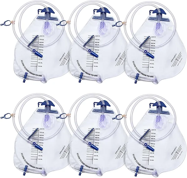 Urinary Drainage Bags 2000ML with 6PCS, Catheter Bags with Anti-Reflux Valve, Urine Bags with Drainage Tube, Clip and Hanging Hook