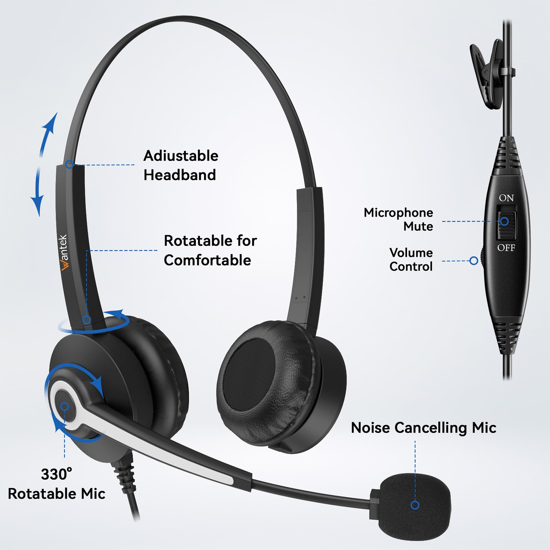 Wantek Telefon Headset mit Geräuschdämpfungsmikrofon, RJ9 Büro Telefon Headsets kompatibel mit Avaya Voip Telefon Grandstream Cisco Panasonic