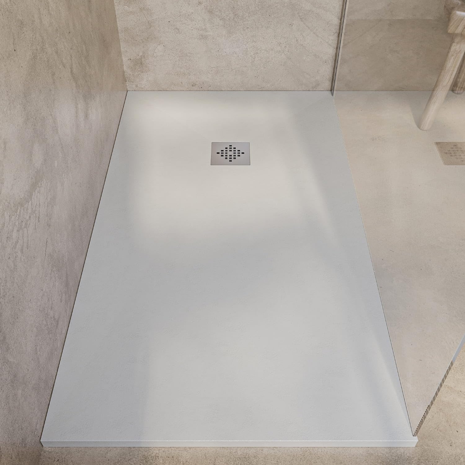 SoulHome Plato de Ducha Resina 220x100 Crema - Rejilla Standard | Antideslizante C3, Extraplano, Resina y carga mineral, Textura Liso Piedra, Antibacteriano, Gel-coat, Incluye válvula desagüe