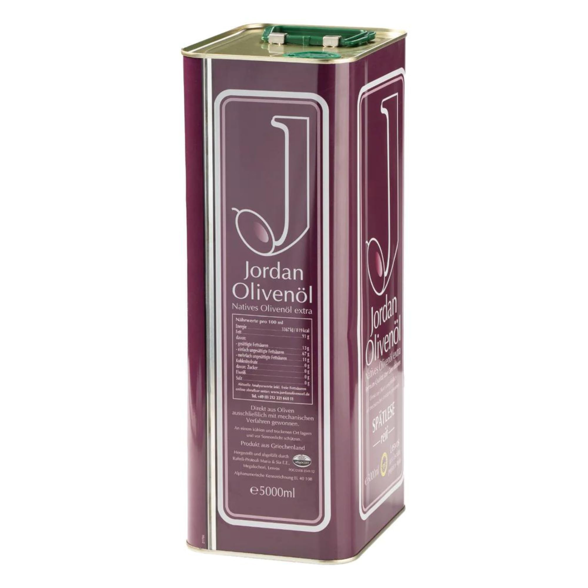 Jordan Olivenöl, Natives Olivenöl Extra, Spätlese reif, Kanister 5 L | Mild-fruchtiges kaltextrahiertes Olivenöl von der Insel Lesbos, Sorten Adramitiani & Kolovi, traditionelle Handernte