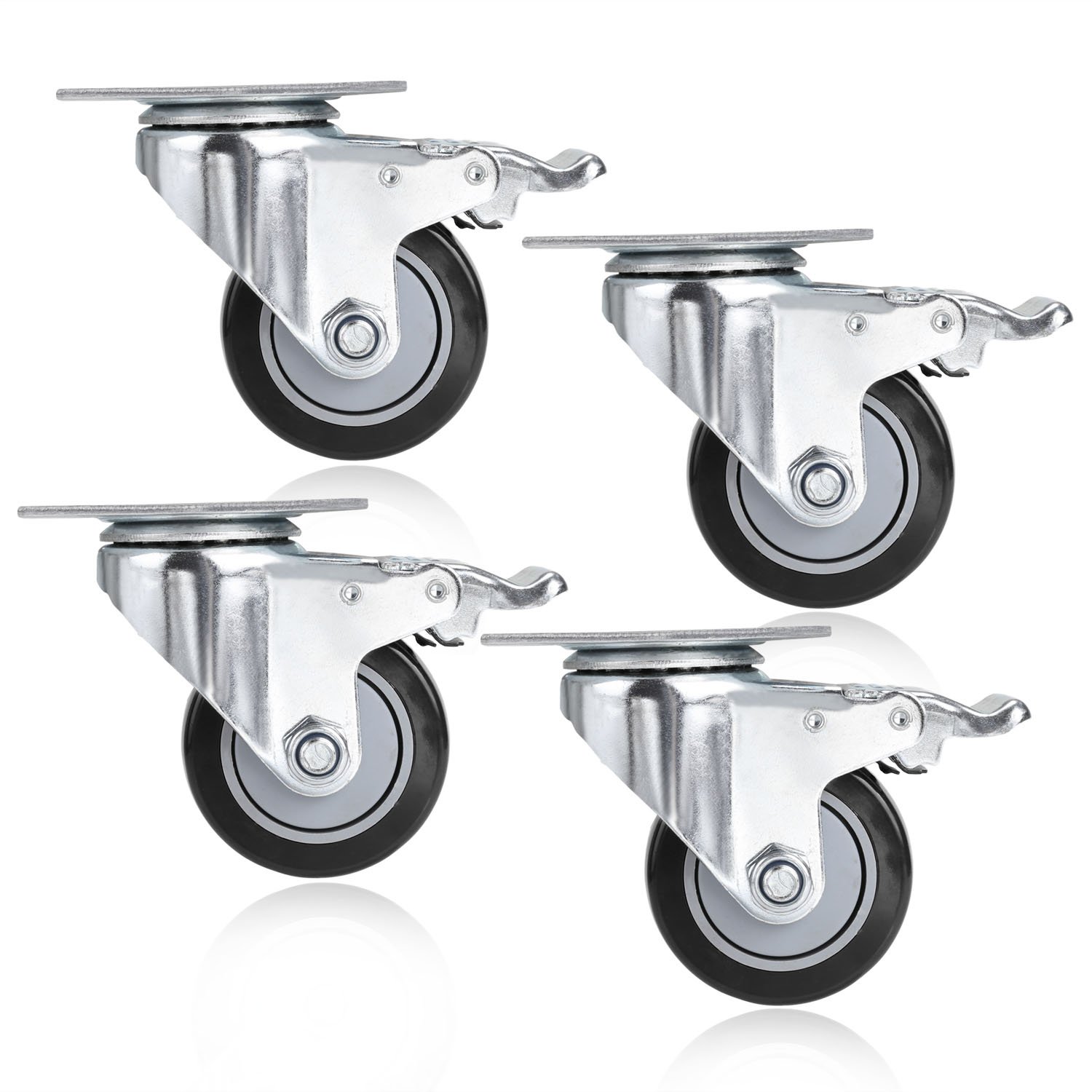 75 mm stille zwenkwielen met rem (belasting 200 kg / 4 stuks) Zware trolley zwenkwielen Vervangende meubelzwenkbout | M8, M10, | X2 (maat: M10 x 25 mm, kleur: 2 geremd 2