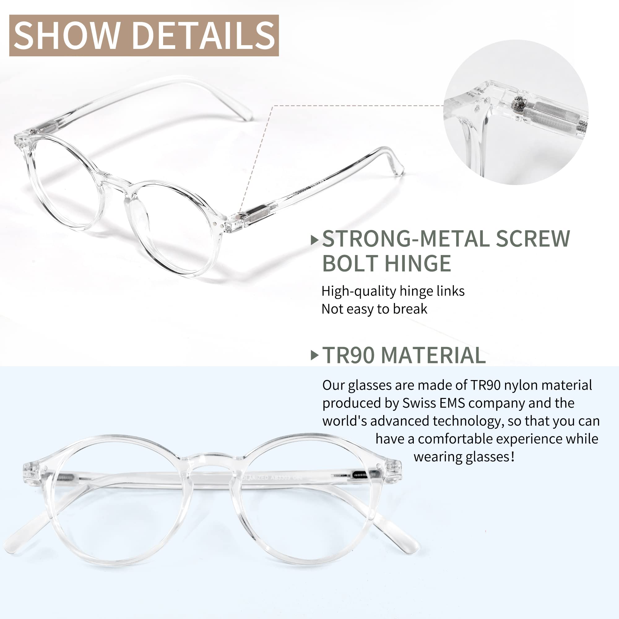 Runde Retro-Brille mit Blaulichtfilter, für Herren und Damen, mit UV-Schutz AB3303 (Schwarz/Transparent)