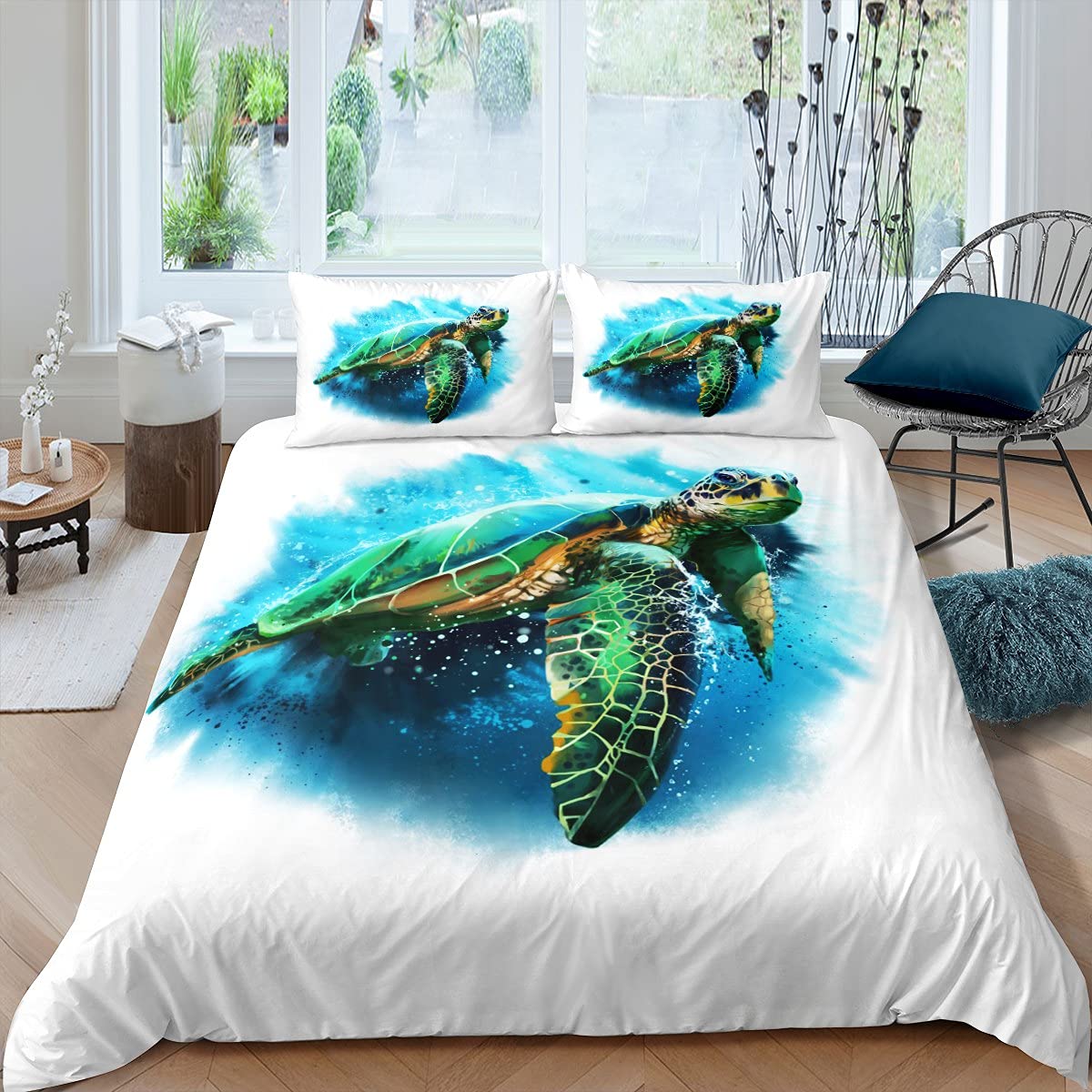 Loussiesd Ocean Sea Turtle Duvet Cover Set 3D Beach Sea World Bedding Set Teal Blue Bedding & Linen Set Room 3Pcs Double Size,Zipper Boys — image 1