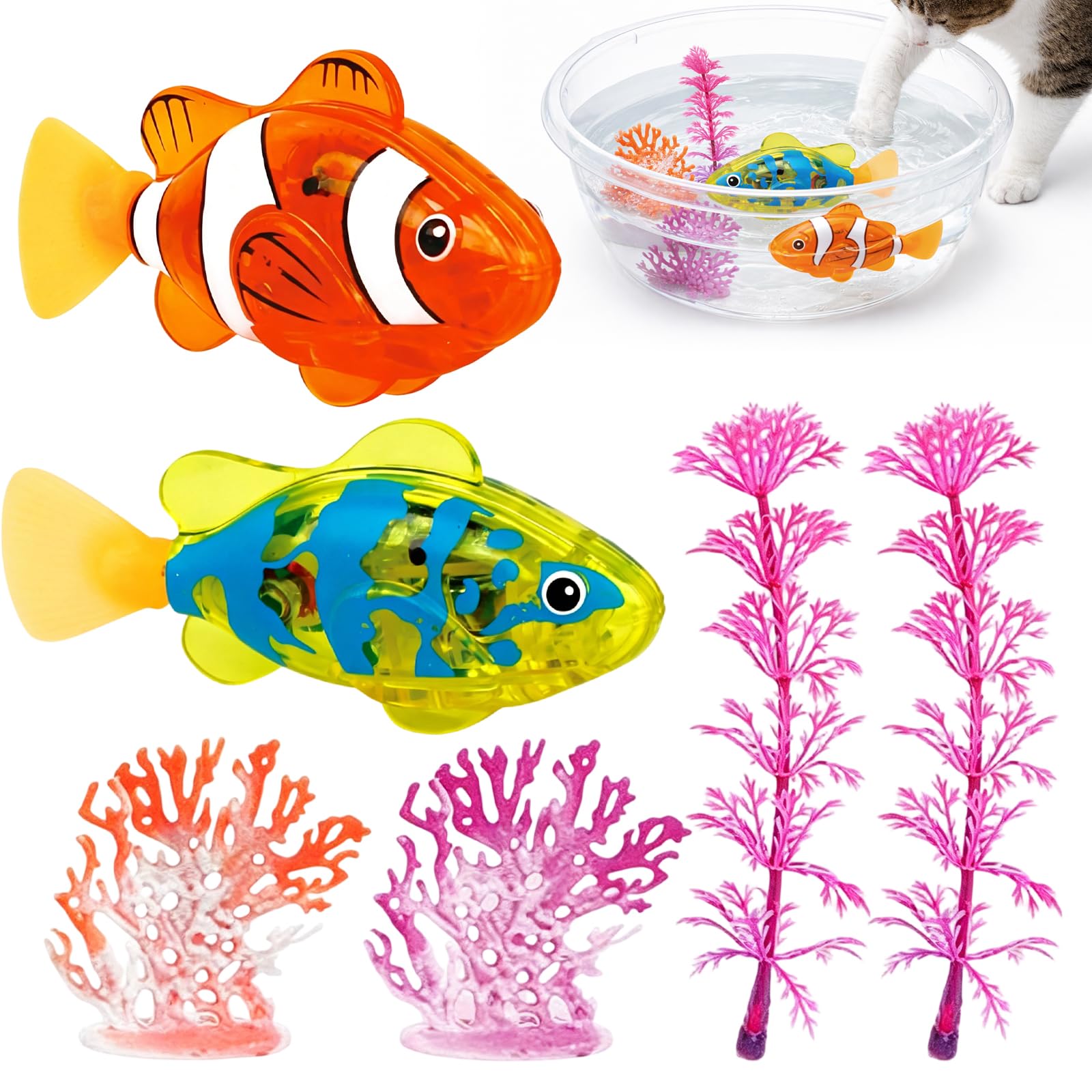 2 Pcs Robo Fishs Robot Fish with 2 Pcs Simulation Seaweed and 2 Pcs Simulation Coral, Bath Fish Swimming Set, Auto Swim in Water, Realistic Movement for Bath Time Fun