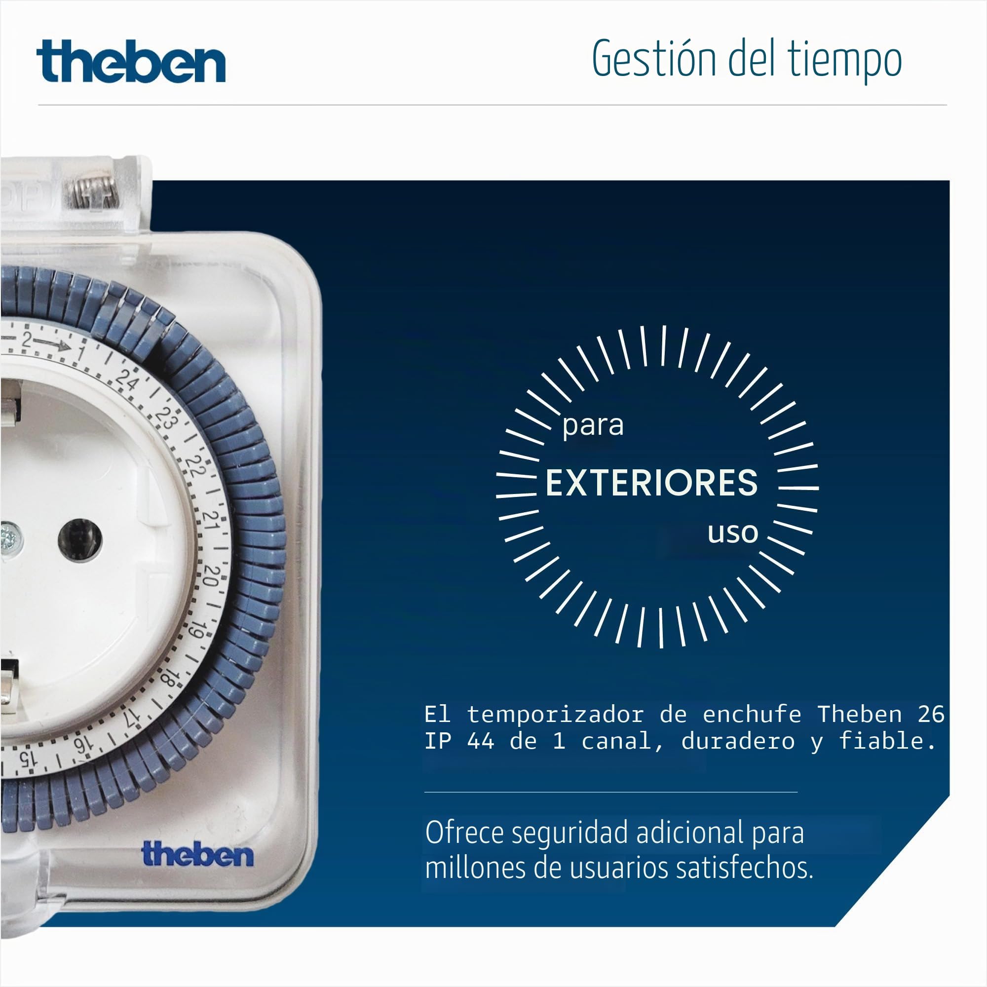 Theben 0260855 Timer 26 IP44 Interruptor horario enchufable Exterior Diario | 1 canal, analógico/mecánico, IP44, protegido contra salpicaduras, 96 segmentos, intervalo de 15 min, 400 W LED, Schuko