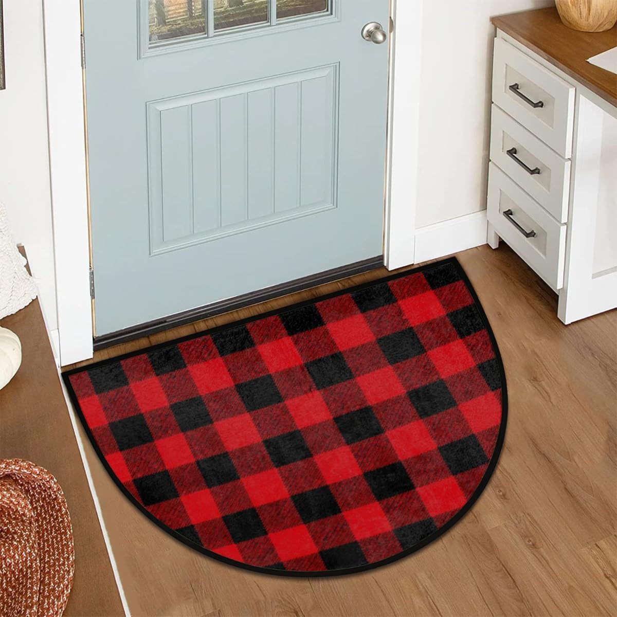 Half Round Door Mat - Indoor Outdoor Christmas Plaid Half Circle Rug for Entryway, Bathroom, Kitchen - Washable Non-Slip Half Moon Mat with Boho Floral Vintage Design - Small Floor Mat