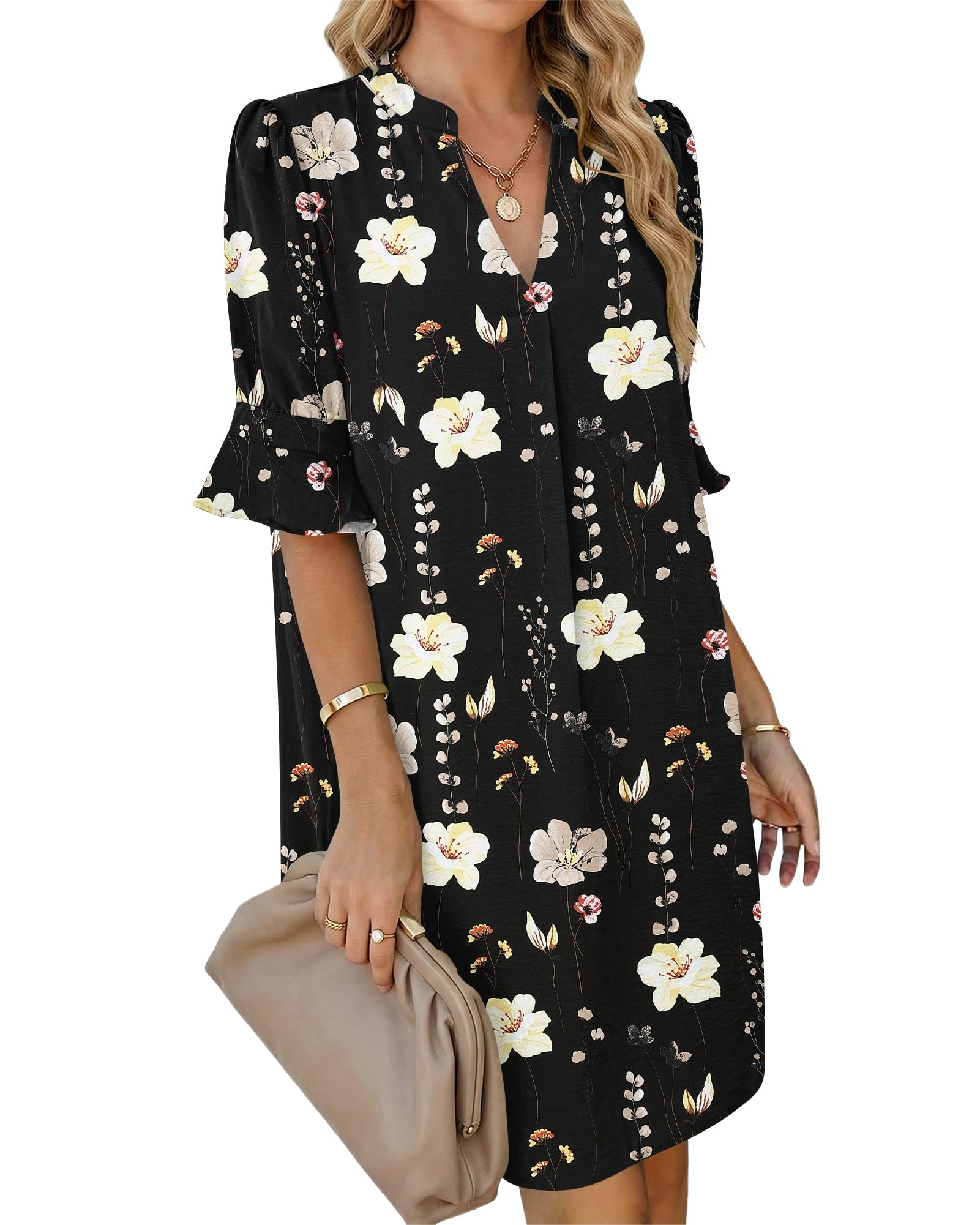 AUSELILY Kleid Damen Kurzarm Sommerkleid V-Ausschnitt Elegant Blusenkleid mit Taschen Casual Kleider Hemdkleid Tshirt Kleid