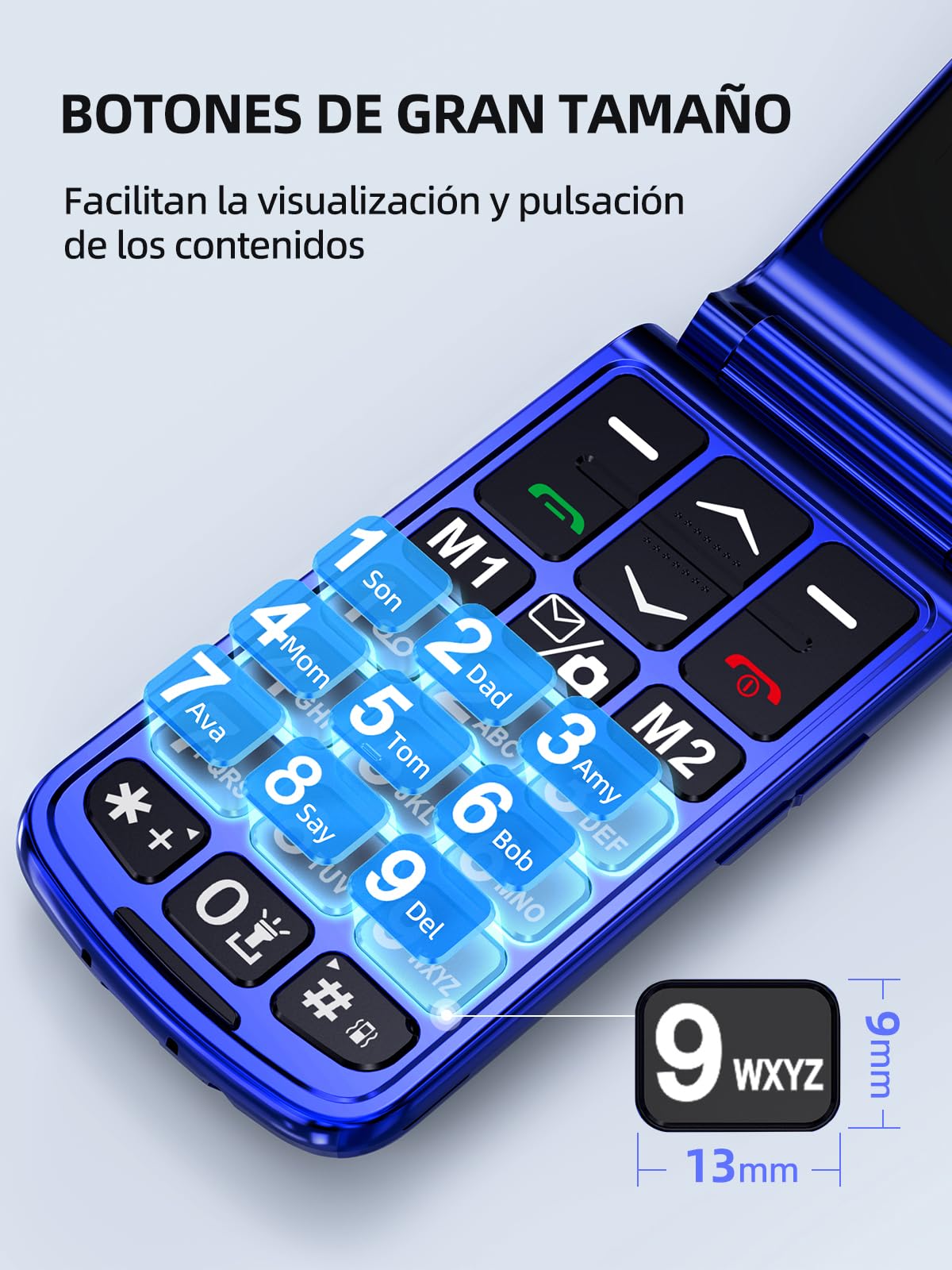 SweetLink F2 Teléfono Móvil para Personas Mayores, con Tapa de Teclas Grandes y Volumen Alto, Botón SOS, Contactos con Imágenes, USB-C, Doble SIM, Pantalla 2,4", FM Radio, Azul