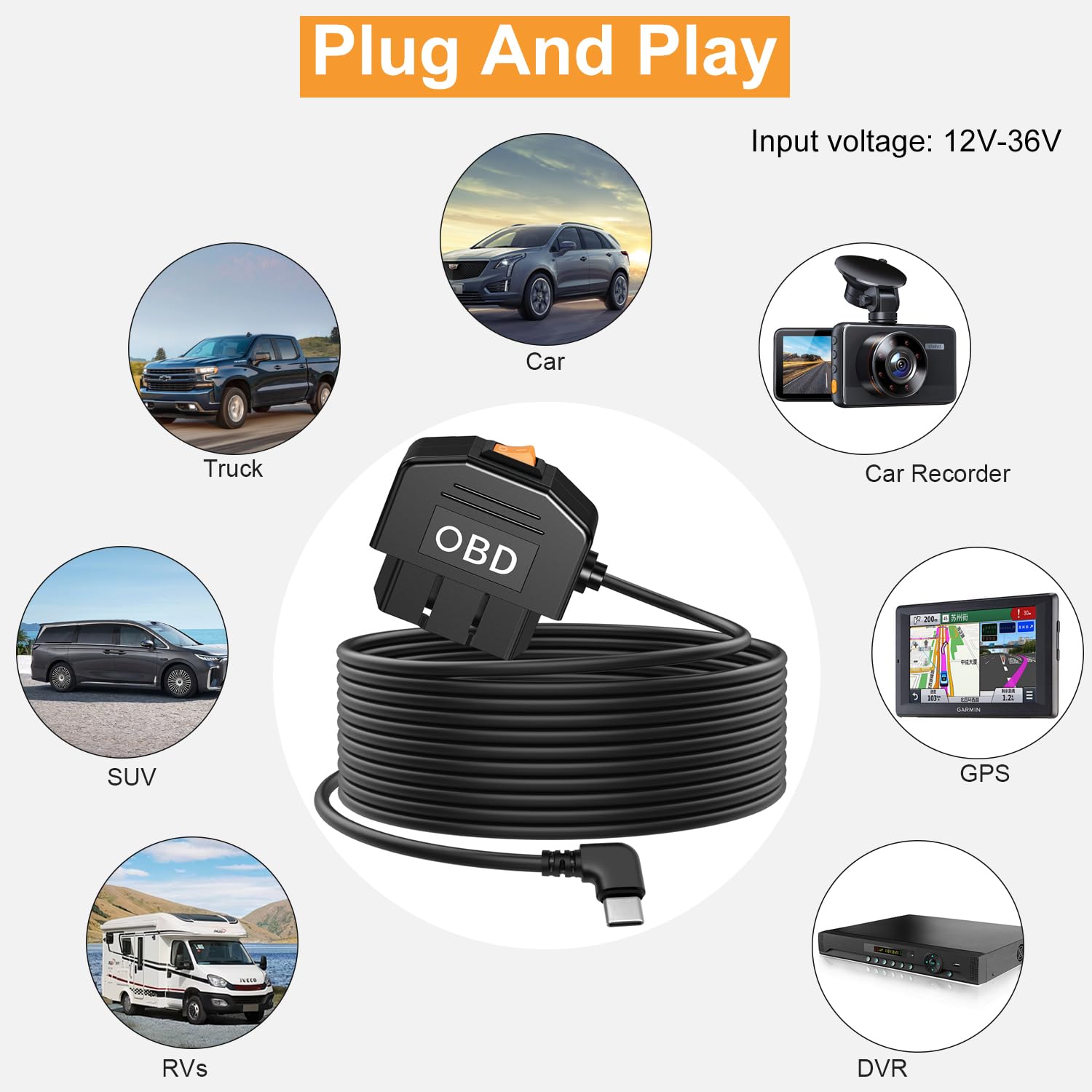 Câble Alimentation OBD 3.5m USB-C Pour Dashcam - 12V-36V Avec Interrupteur Mode Surveillance