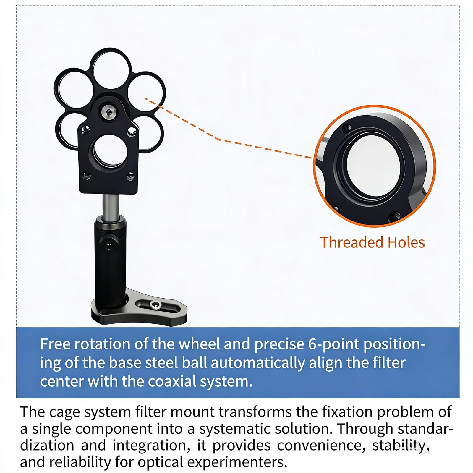 Soporte de rueda de filtro de 6 posiciones para visualización óptica, diseño coaxial tipo jaula con interfaz roscada, compatible con telescopios y accesorios de imágenes