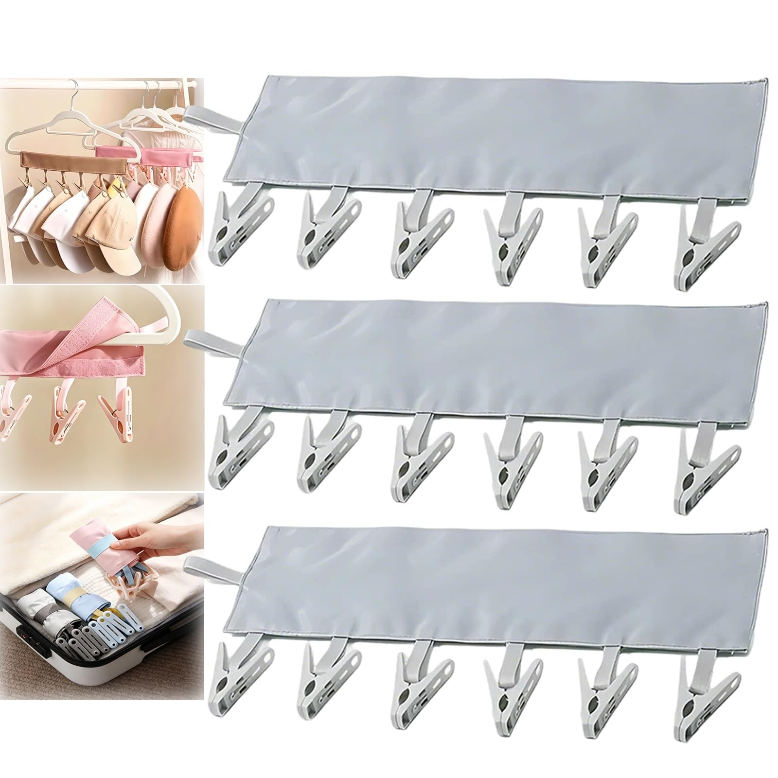 Yfjyxen Travel Foldable Clothes Hangers with 6 Clips, Portable Laundry Hanging Clip, Compact Drying Rack Multipurpose Organizer Hanger Hook Set for Dorm Household Socks Underwear Hat Scarf(3pcs-gray)