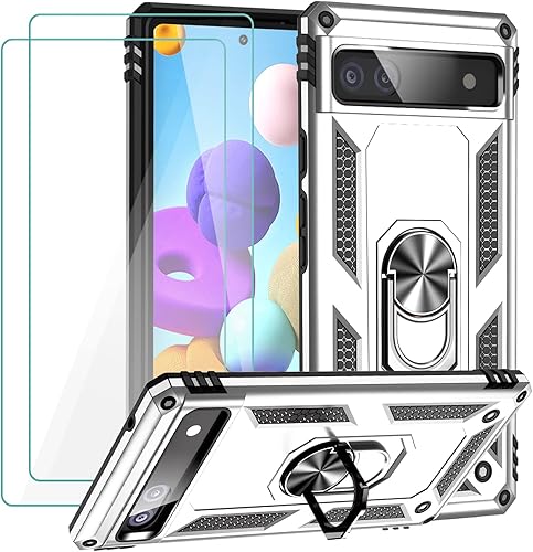 Funda para Google Pixel 6a con protector de pantalla de vidrio templado 2 unidades, funda protectora de grado militar a prueba de golpes con anillo