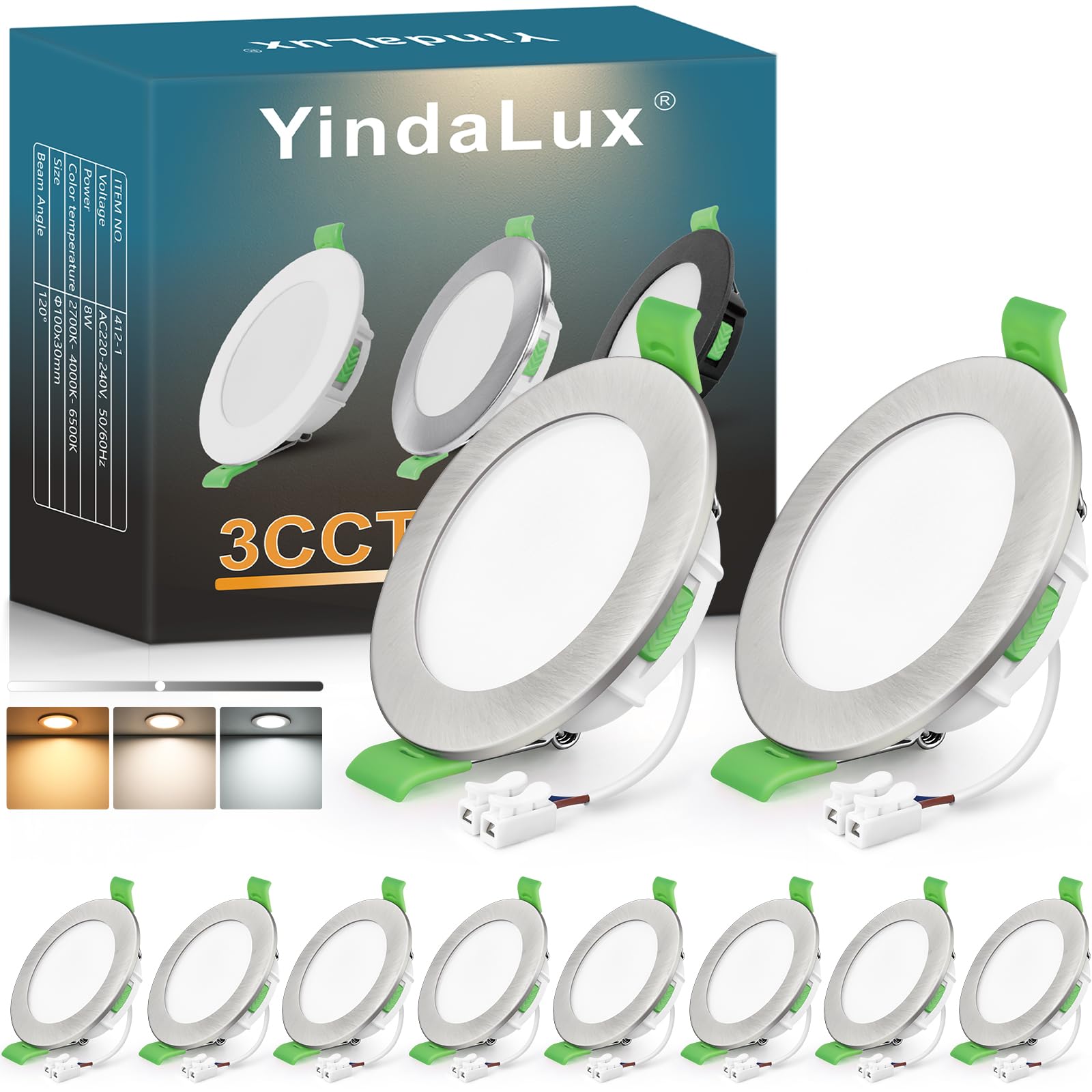 YindaLux LED Einbaustrahler 230V Flach 8W IP44 LED Spots Dimmbar 75-90mm lochmaß Deckenspots 800LM Einbauleuchten Warmweiß Neutralweiß Kaltweiß Einbauspots für Bad Wohnzimmer, Nickel 10er Set