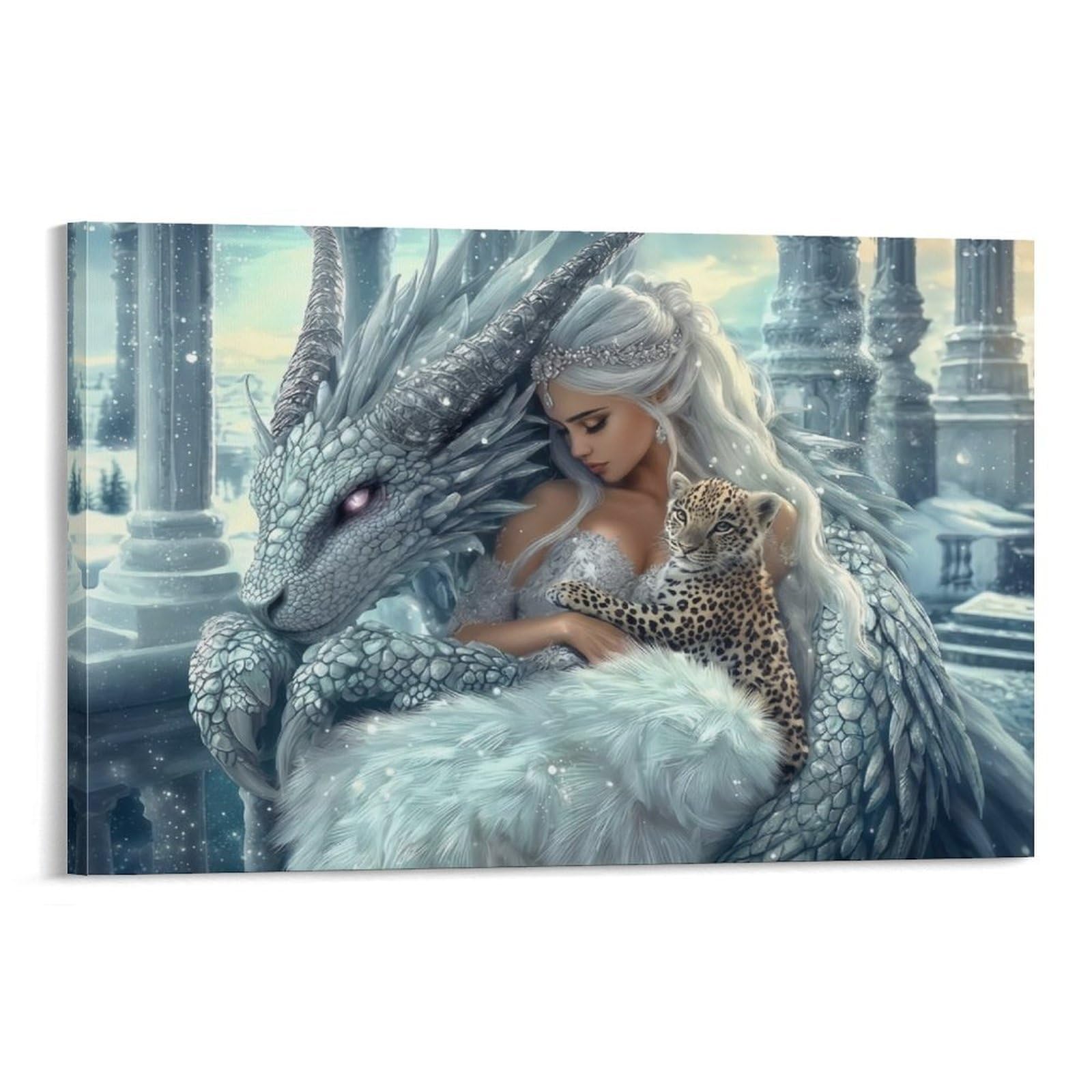 CPLVKWRQJ Snow Dragon Fantasy Single Piece White Dragon Noble Lady Snowy Ancient Ruins Canvas Wall Decor - Office Canvas Print Fade Resistant Wall Focal Art Decor 16x24inch(40x60cm)