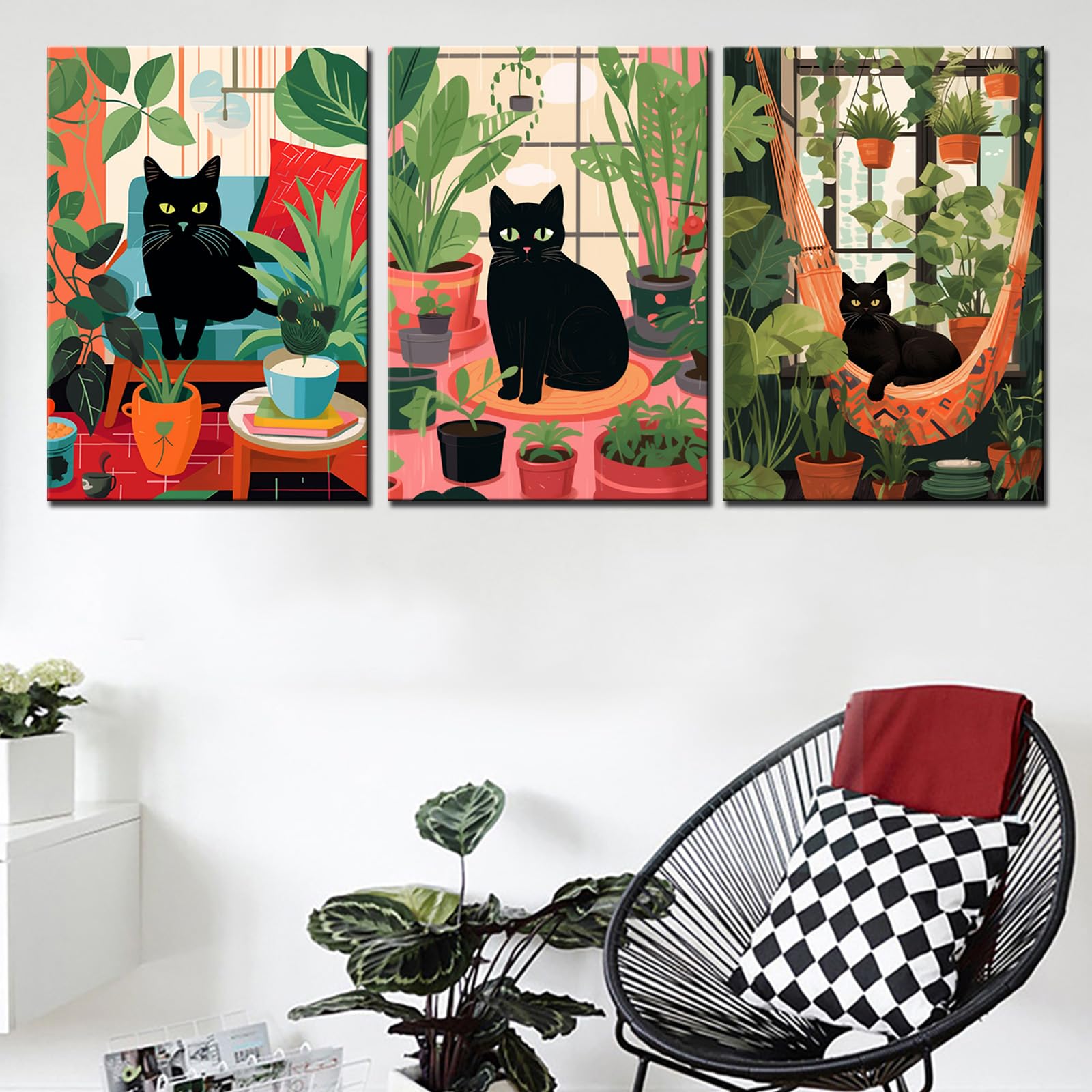 Green Leaves Animals Art Work for Home Walls Black Cat Surrounded by Potted Plant Pictures Bathroom Paintings 3 Panels Canvas Lovely Art Home Decor for Living Room Framed Ready to Hang 48''Wx24''H - Image 4