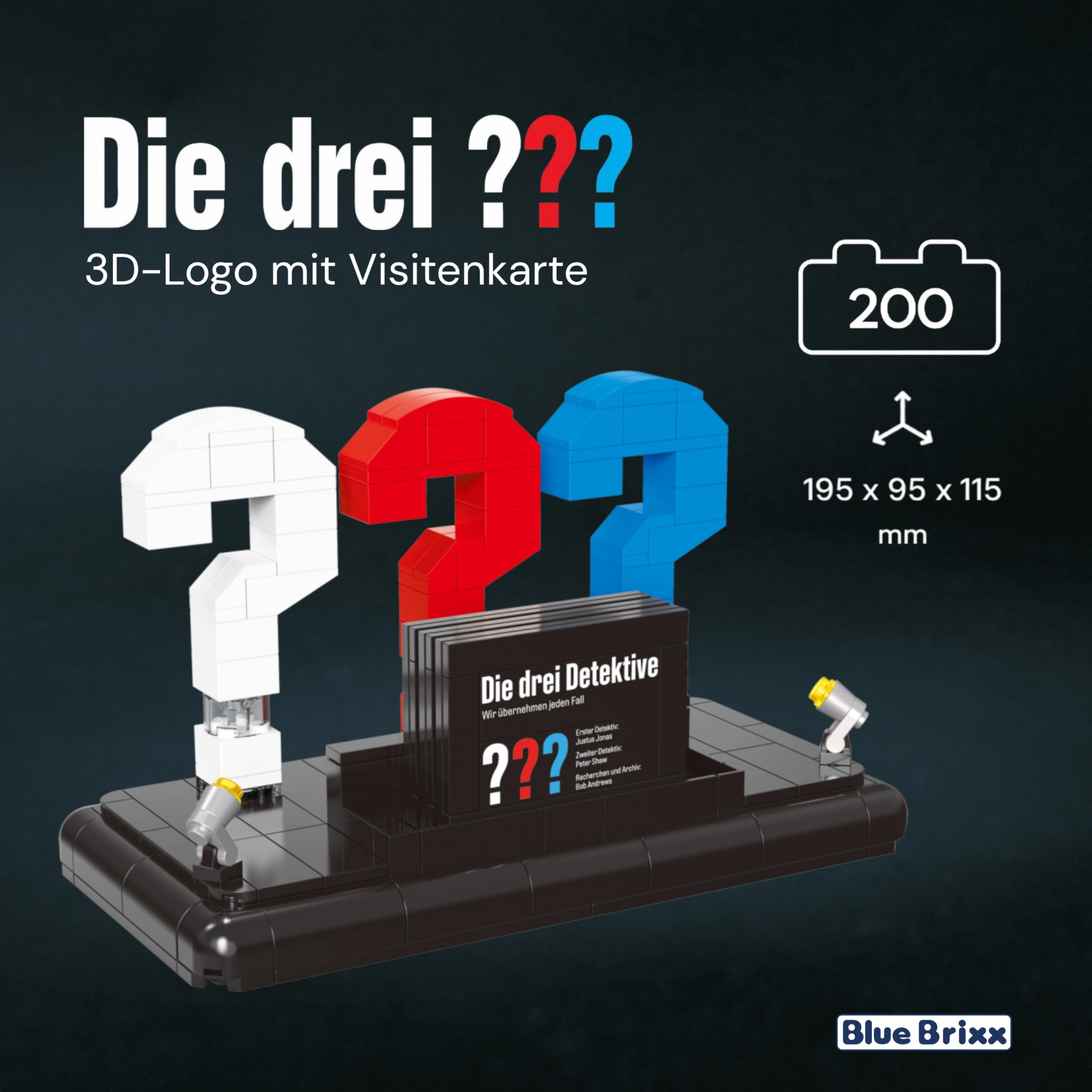 BlueBrixx Pro 108480 – Die DREI ???: 3D-Logo mit Visitenkarte aus Klemmbausteinen mit 200 Bauelementen