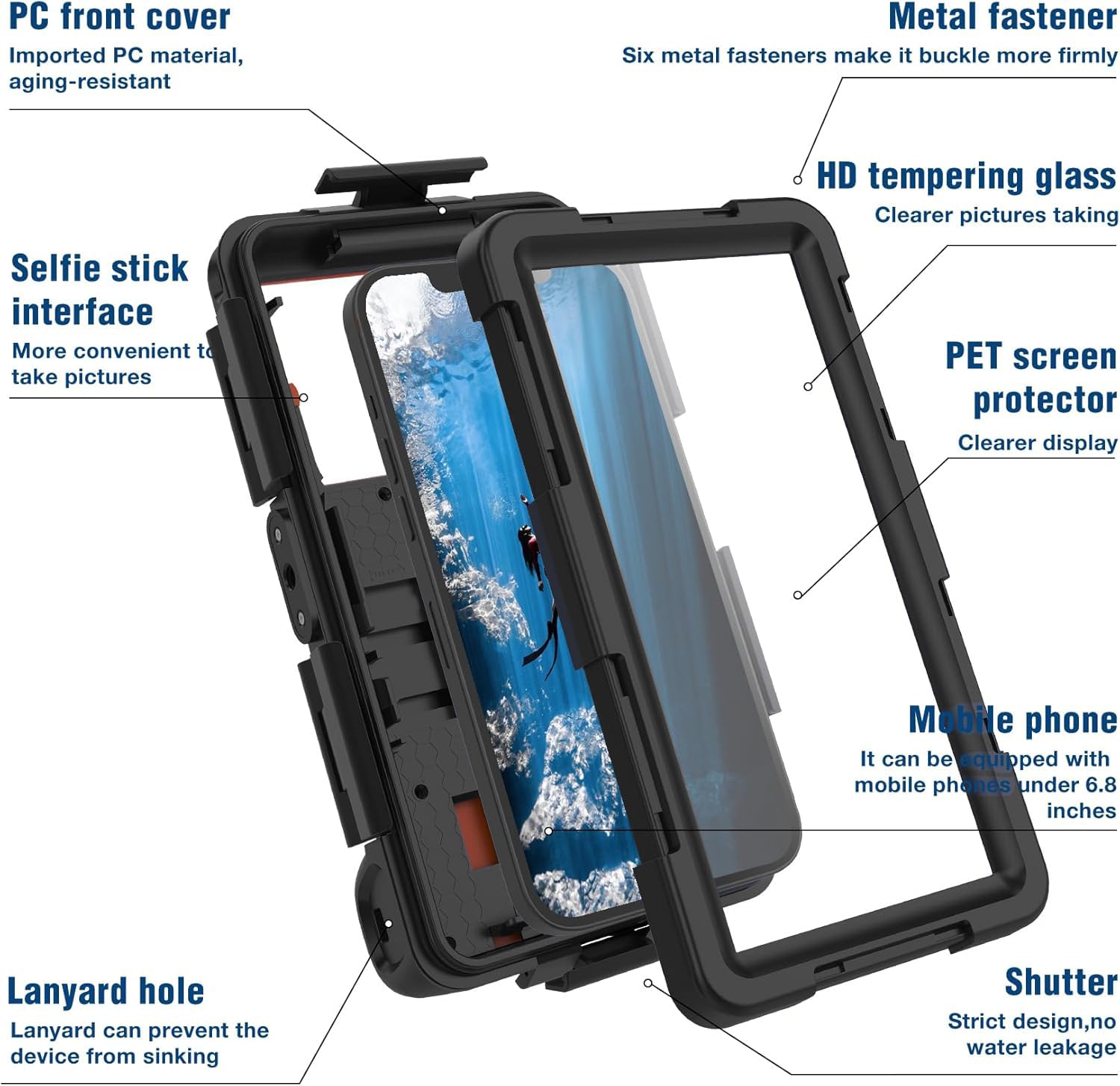 Funda de buceo submarino para teléfono 16/15/14/13/12/11 Pro Max/XR/XS/X Galaxy S8/S9/S10.[15 pies] Funda impermeable profesional de buceo bajo el agua para fotos y vídeos, color negro