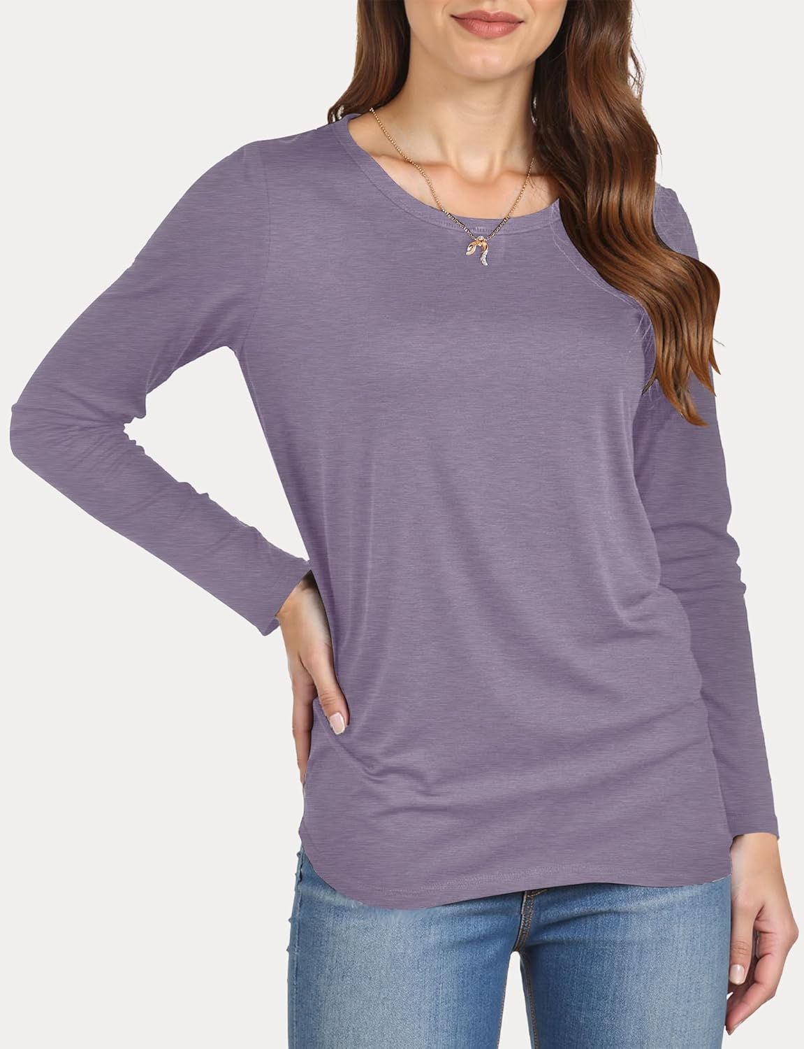 Long Sleeve Shirts for Women Crew Neck Basic Tee Fashion Womens Tops Lilac - Image 4