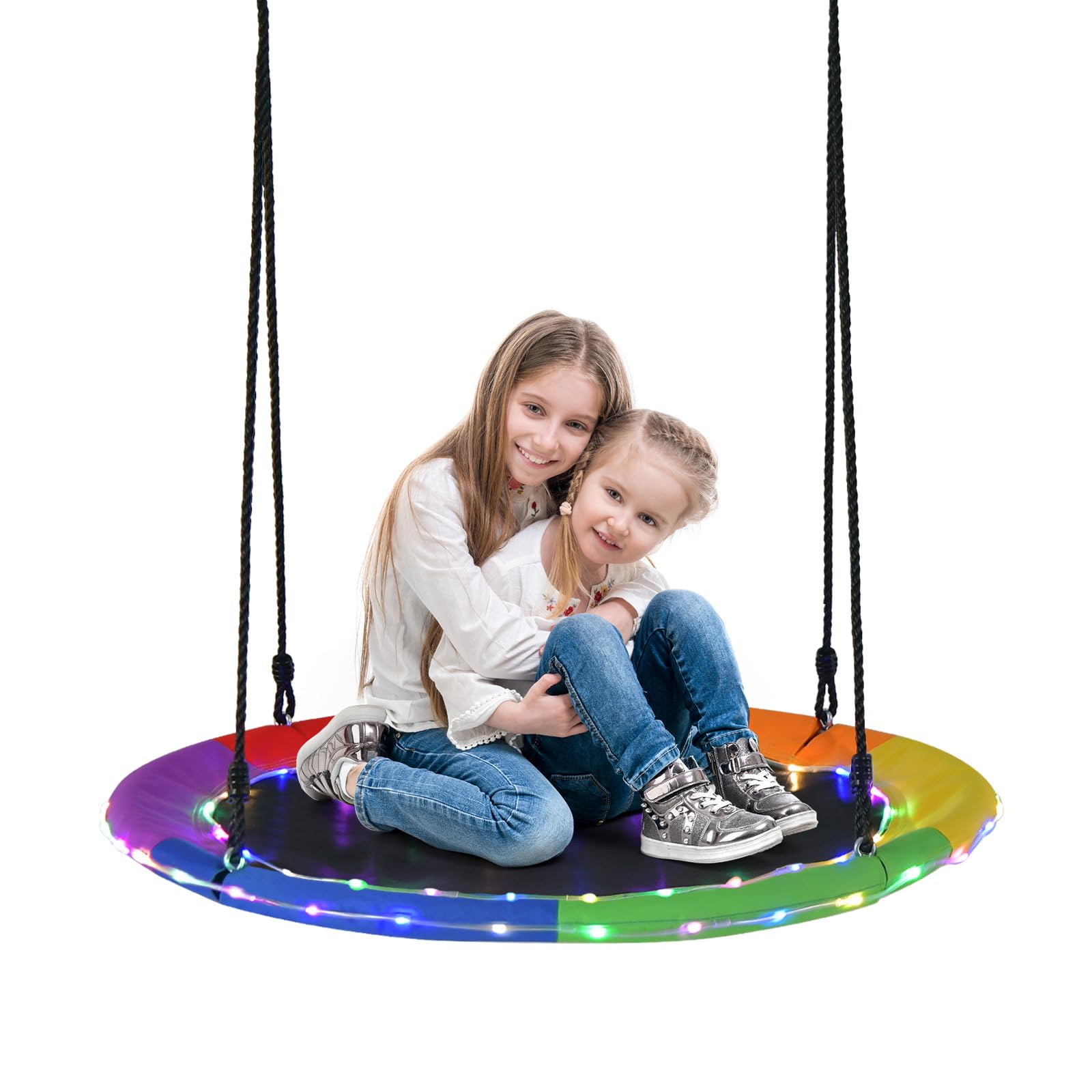 GYMAX Kids Nest Swing, 100cm Round Tree Swings with LED Lights & Height Adjustable Hanging Ropes, Children Saucer Swing for Backyard Garden, Holds Up to 300kg