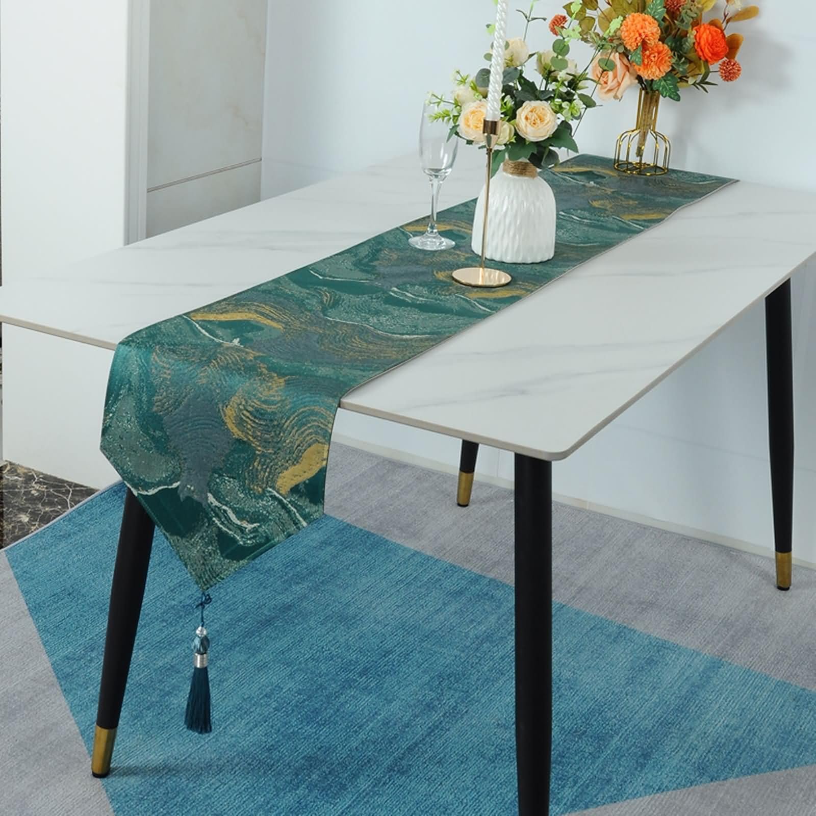 Runner Tavola Verde con Motivi Geometrici,Poliestere,33x220cm