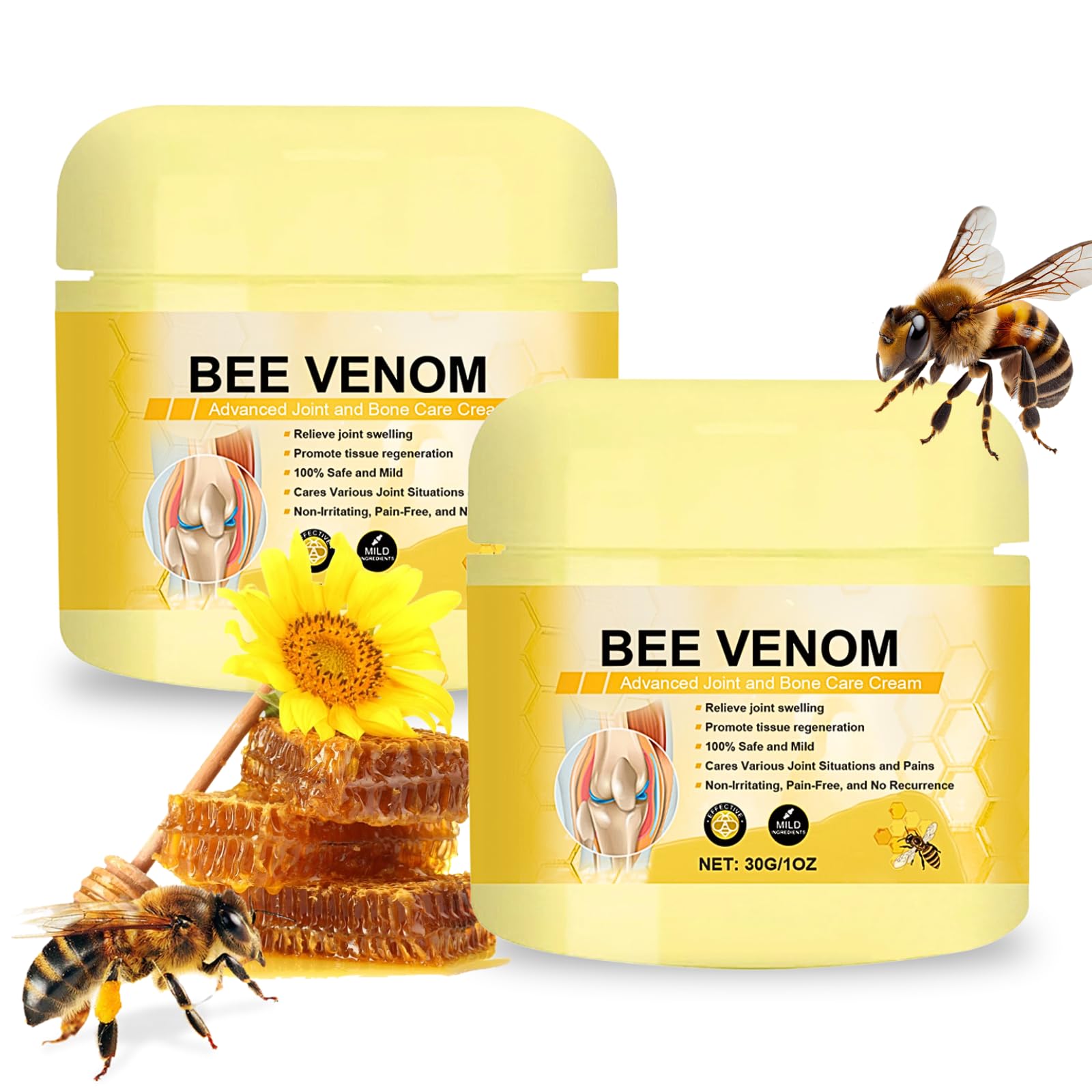 2PCS Bee Venom Cream, Bee Venom Pain Relief Cream For Muscle, Advanced Joint and Bone Creams, Massage Gel For Joint Relief on Hands, Neck,Waist,Back And Leg (30g*2)
