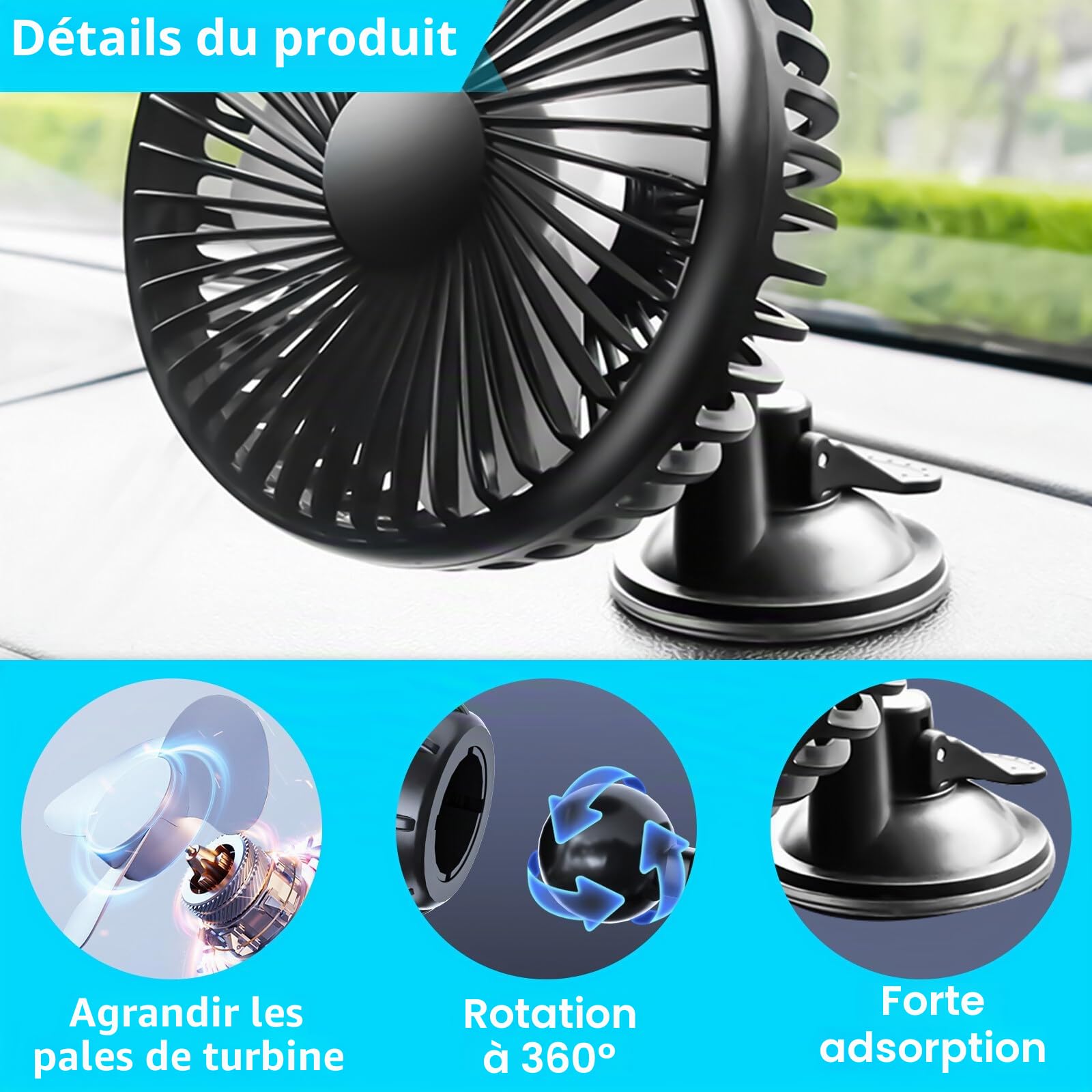 GOMETY Ventilateur de voiture, portable, rotatif à 360°, USB 12 V/24 V, universel, 3 vitesses, ventilateur de refroidissement, ventilateur de table pour la maison, le bureau, la poussette, le camping
