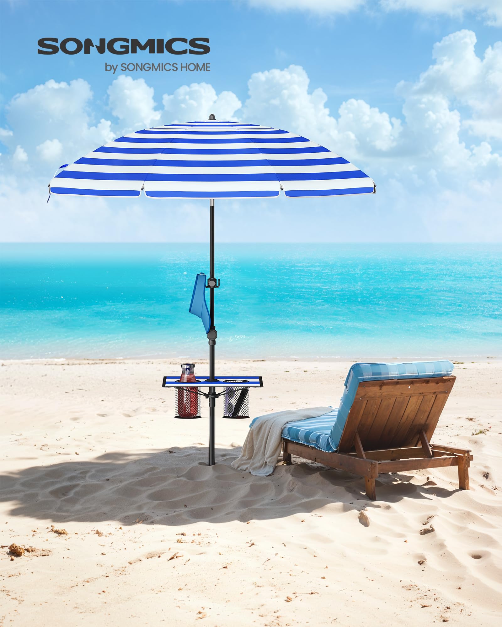 SONGMICS Parasol 160 cm, parasol plażowy, ochrona przeciwsłoneczna UPF 50+, składane boki 30°, regulacja wysokości, schowek, haczyki, nadaje się na plażę, bez stojaka, niebiesko-biały GPU0080Q02
