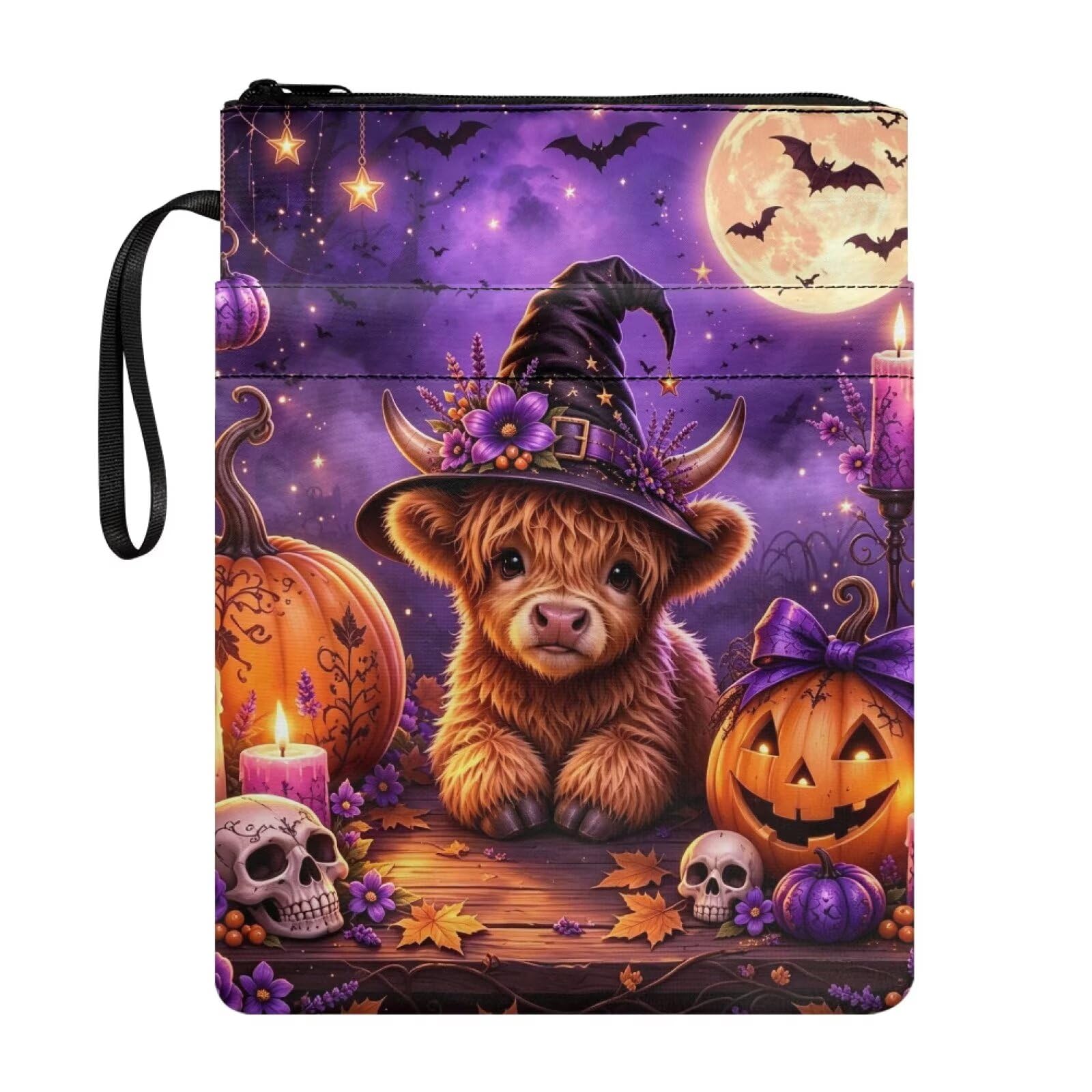 Poceacles Halloween Theme Book Sleeve with Pockets Washable Fabric Paperback Book Cover Pouch Protector with Zipper, 29 x 22 cm, Wizard Hat Highland Cow Pumpkin Skull Violet
