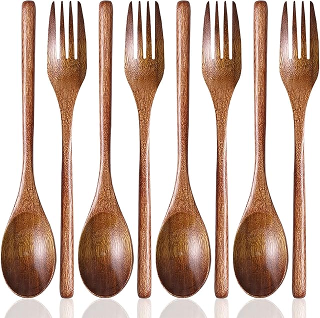 Set of 8, Wood Soup Spoons and Forks, SourceTon Wooden Ladle Spoon and Fork Set for Party, Banquet, Buffet, Catering, Daily Life- 9 Inch