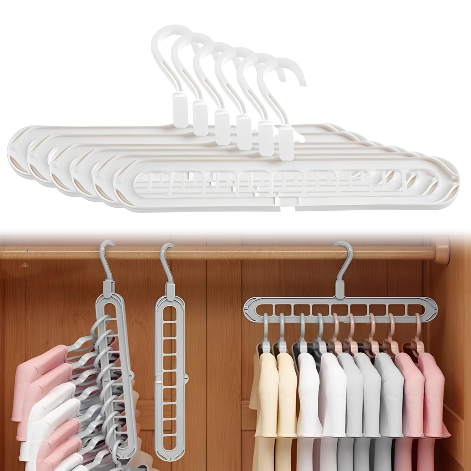 6Pcs 9 in 1 Smart Hanger Pro, 9 in 1 Hanger, Upgrade Space Saving Hangers, 9 Holes Rotate Anti-Skid Folding, Multifunction Flexible Design, for Heavy Clothes, Multiple Shirt, Shirts Pants (White)