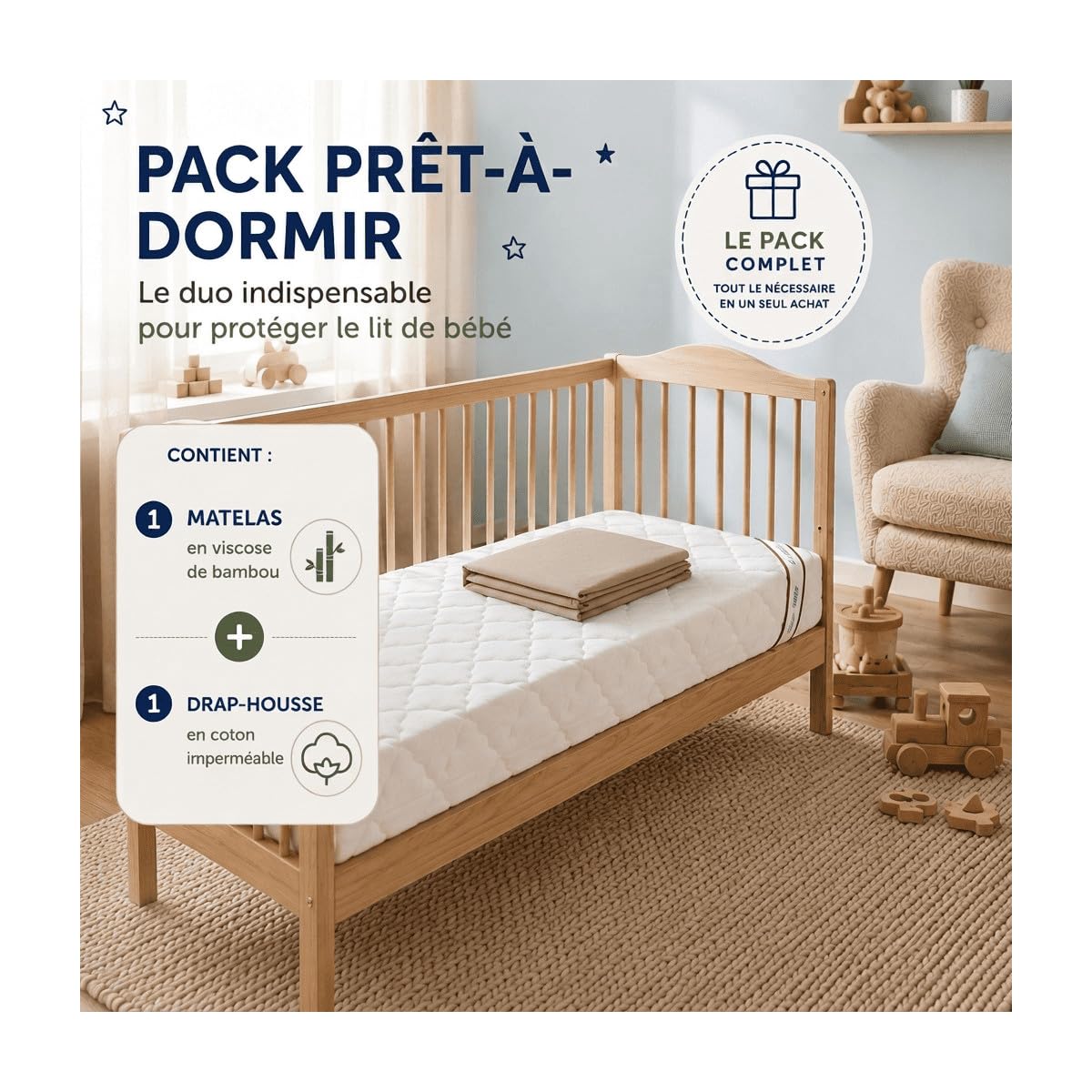 P'TIT LIT - Colchón desenfundable de viscosa de bambú + sábana mágica impresa 2 en 1 – Impermeable y transpirable – Soporte firme – Certificado Oeko-Tex & Certipur – 60 x 120 cm