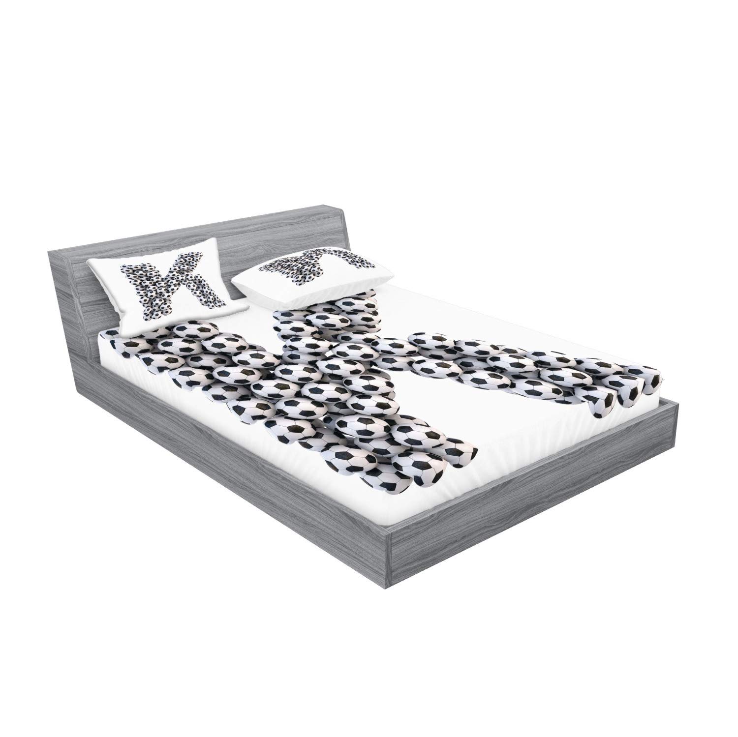 Ambesonne Letter K Fitted Sheet & Pillow Sham Set, Alphabet Design with Soccer Balls Composition with Sports Theme Outdoors, Decorative Printed 3 Piece Bedding Decor Set, Calking, White and Black