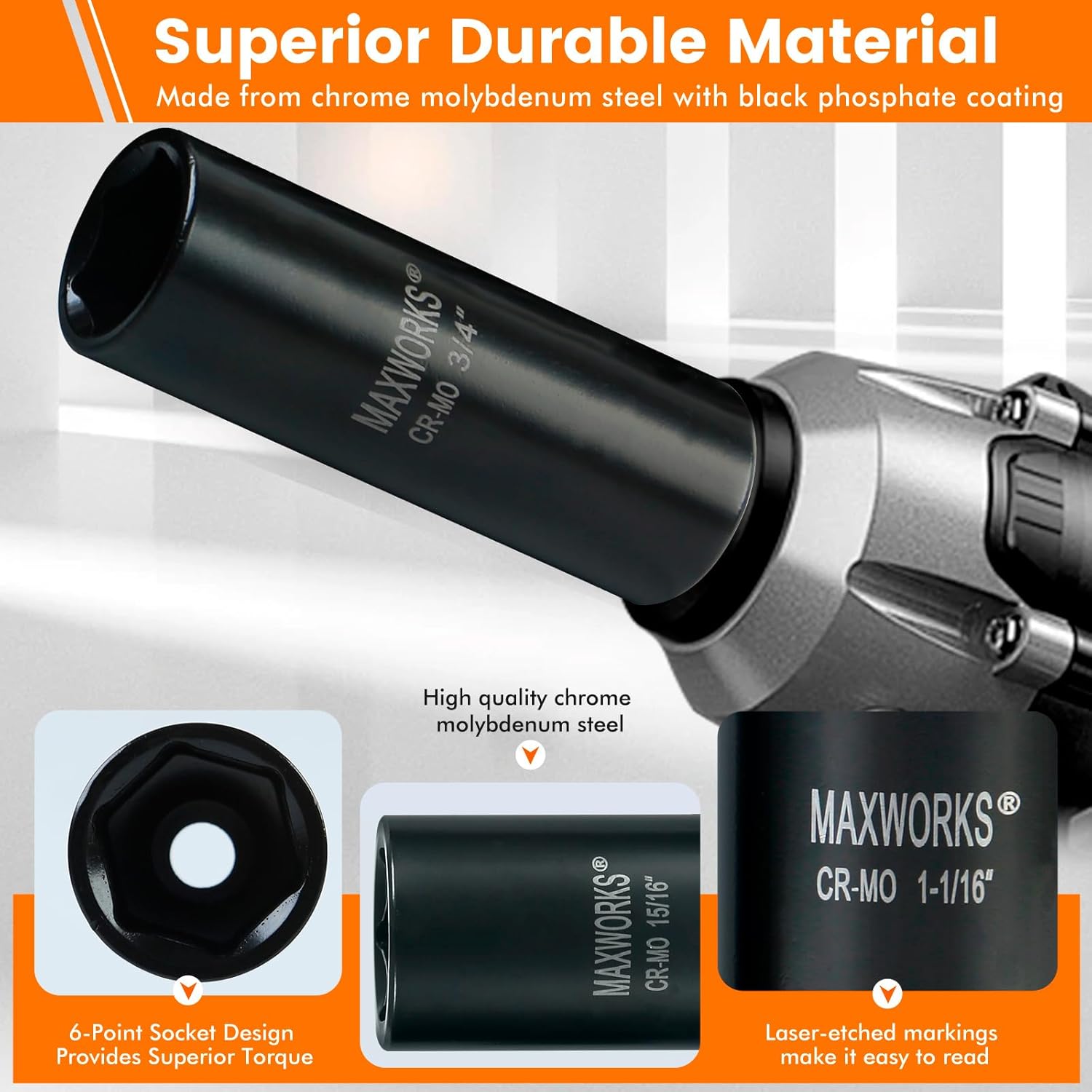MaxWorks 80782 13-Piece 1/2" Drive SAE Deep Impact Socket Set With Laser Etched Size Marking Chrome Molybdenum Steel