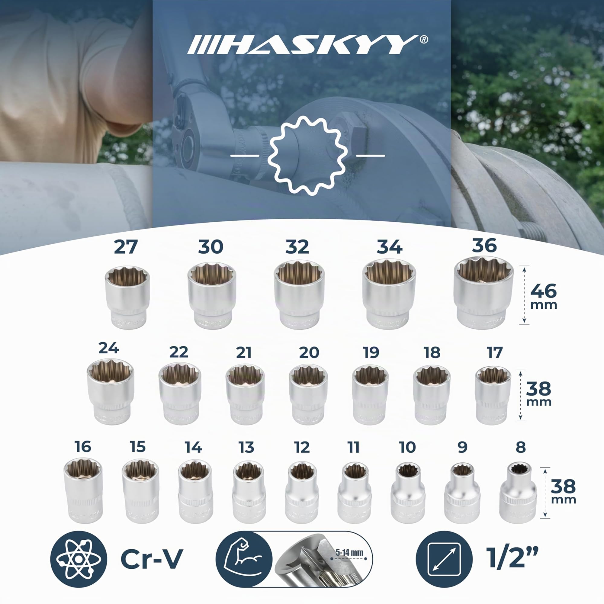 HASKYY 21PCS I 8-36 I Ensemble Jeu de douilles multiple I Tournevis 12 pans embouts de cle a douille 1/2" I acier CRV