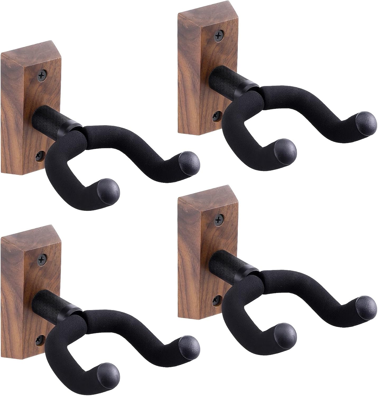 Lemecima 4 Pack Guitar Wall Mount, Guitar Wall Hangers with Rotatable Soft Guitar-Hook for All Size Guitars, Hardwood U-Shaped Guitars-Holder for Acoustic Guitars, Bass, Banjo (Black Walnut)