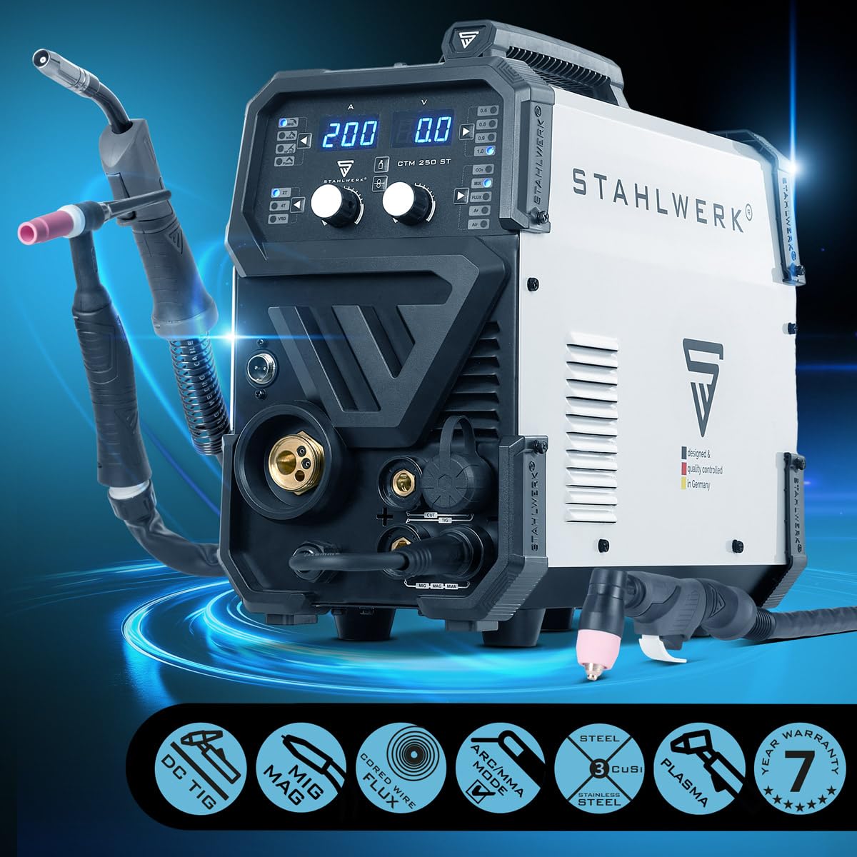 STAHLWERK Schutzgasschweißgerät 4-in-1 Kombi CTM-250 ST – WIG, MIG/MAG, MMA (E-Hand/ARC), FLUX (Fülldraht) bis 200 A, CUT (Plasma) bis 45 A, Schneidleistung bis 14 mm, Parameter einstellbar, IGBT