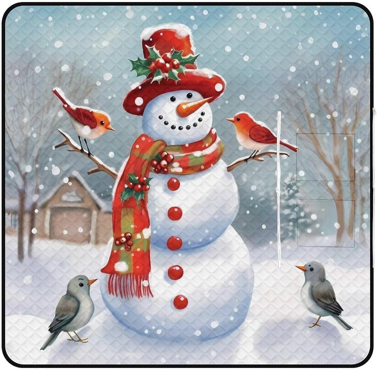 Christmas Snow Man and Birds Picnic Blanket Zipper Style Waterproof Foldable Outdoor,Picnic Mat Foldable As A Shopping Bag for Ladies, Portable Outdoor Blanket for Camping