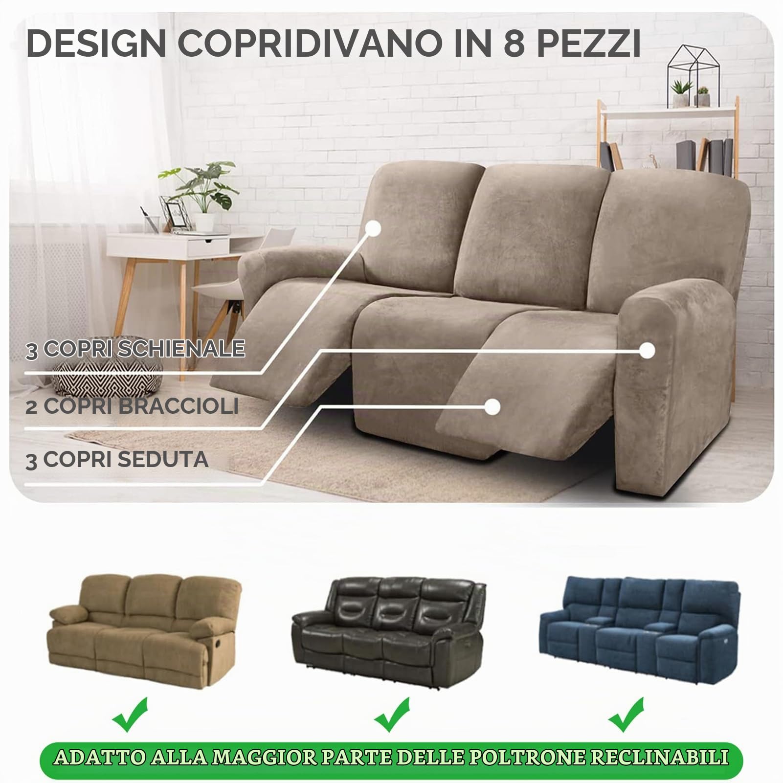 Copridivano 3 posti Copridivano Reclinabile 8 Pezzi in Elasticizzato Componibile Divano Fodera per Protezione per Mobili Reclinabili 3 Fodere per Divano Copridivano Peluche(Tauqe)