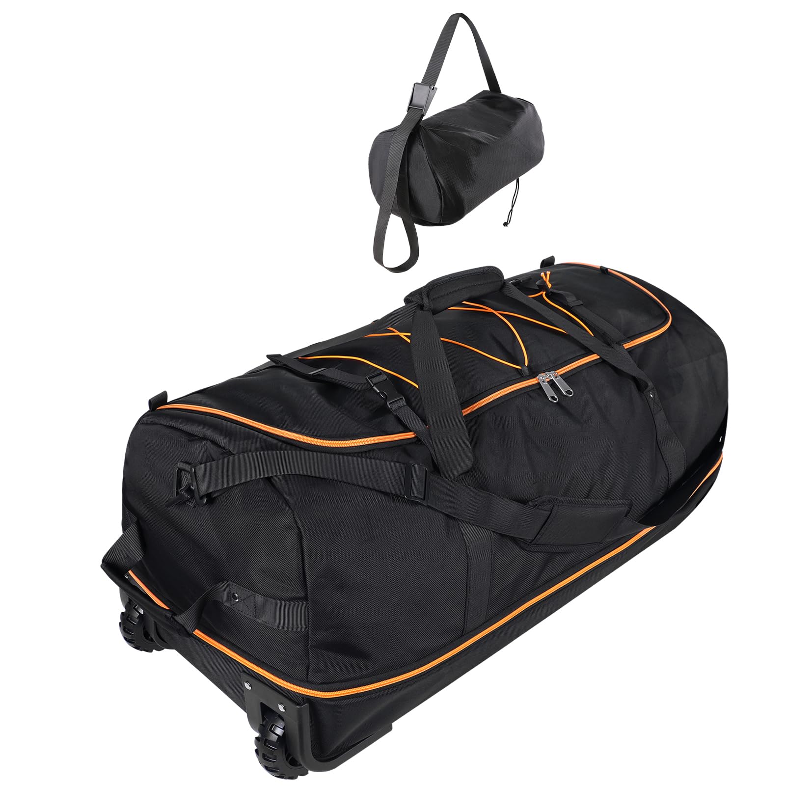 Morthanabag 32” 1680D Oxford Foldable Duffle Bag with 2 Wheels,110L to 140L Expandable Soft Sided Rolling Travel Bag,Black-orange
