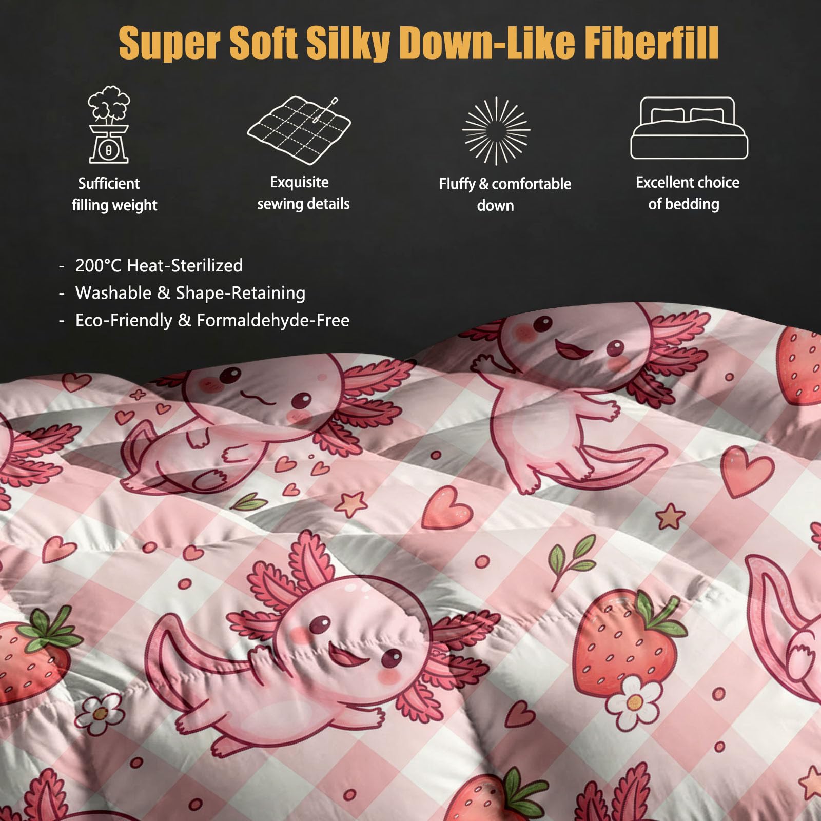 Piumino senza rivestimento, 200 x 220 cm, trapunta invernale traspirante per cameretta dei bambini, motivo animali, cibo, cartone animato Axolotl e fragola, in morbida microfibra, calda coperta