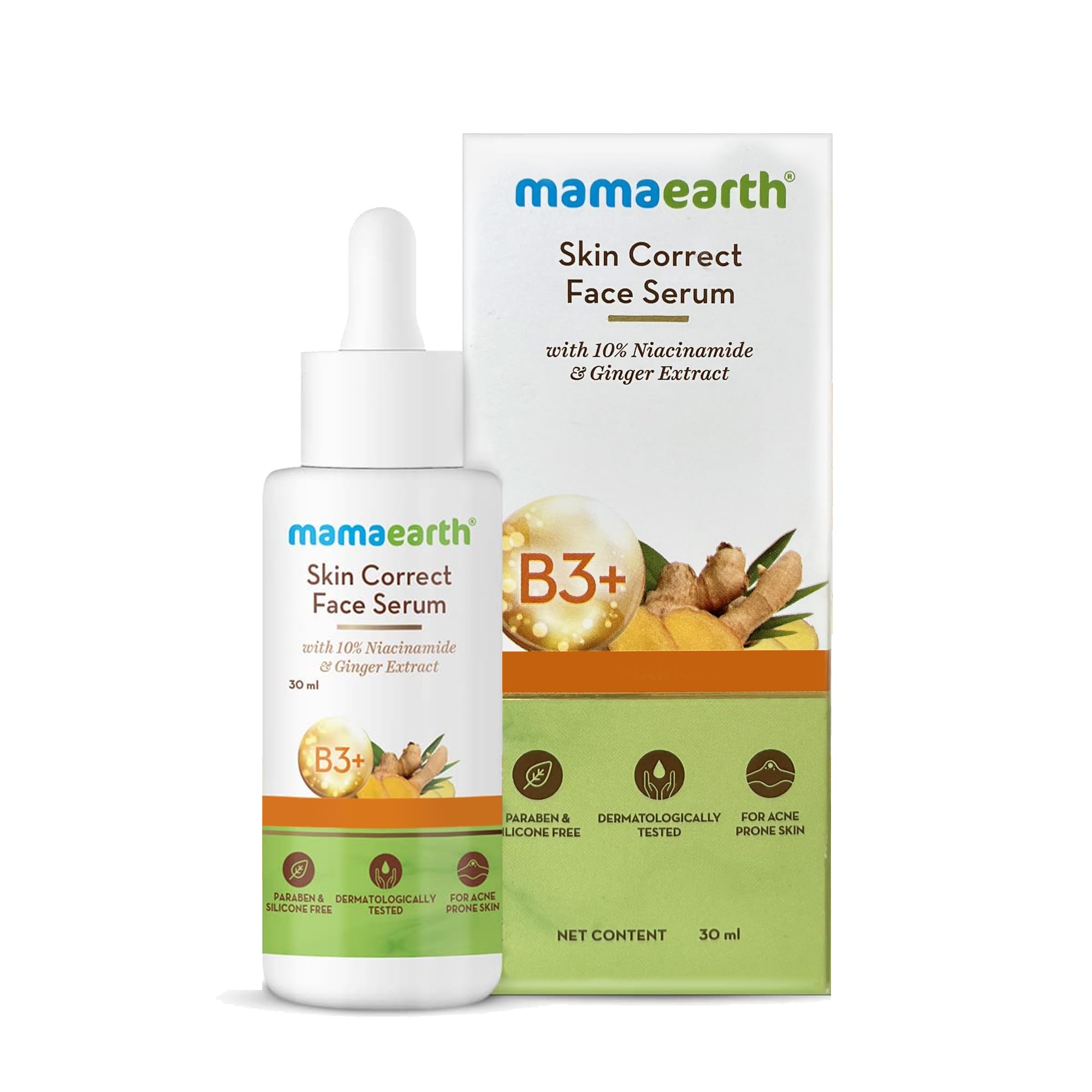 Mamaearth Skin Correct Face Serum with 10% Niacinamide & Ginger Extract for Acne Marks & Scars | Fights Blemishes, Evens Skin Tone & Controls Sebum | Suitable for All Skin Types | 30ml