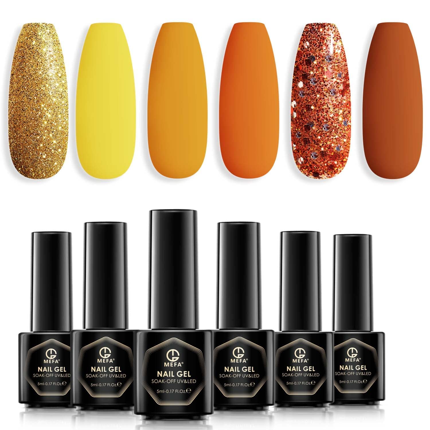 MEFAGel Nail Polish Set 6 Colors - Glitter Yellow Orange Golden Bright Nail Gel Polish Starter Kit Soak Off Salon DIY Manicure Nail Art Gifts for Girls Women 5ml
