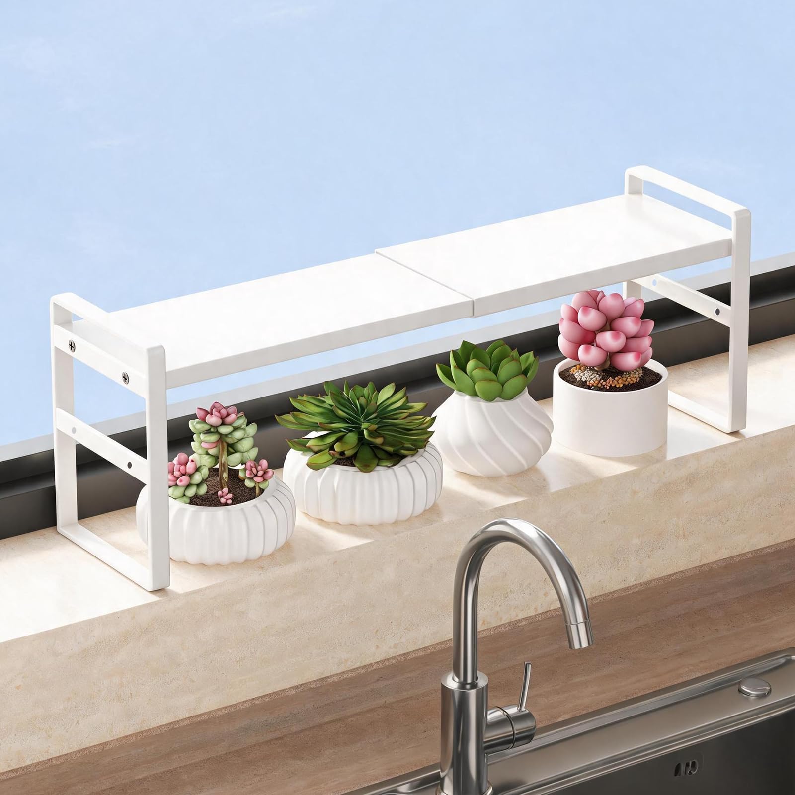 Kitchen Cupboard Organiser, Expandable Spice Rack with Non-Slip Mat, Adjustable Height, Perfect for cabinets, countertops, and other narrow or hard-to-reach areas (White, 35-60L x 15W x 18.5H cm)