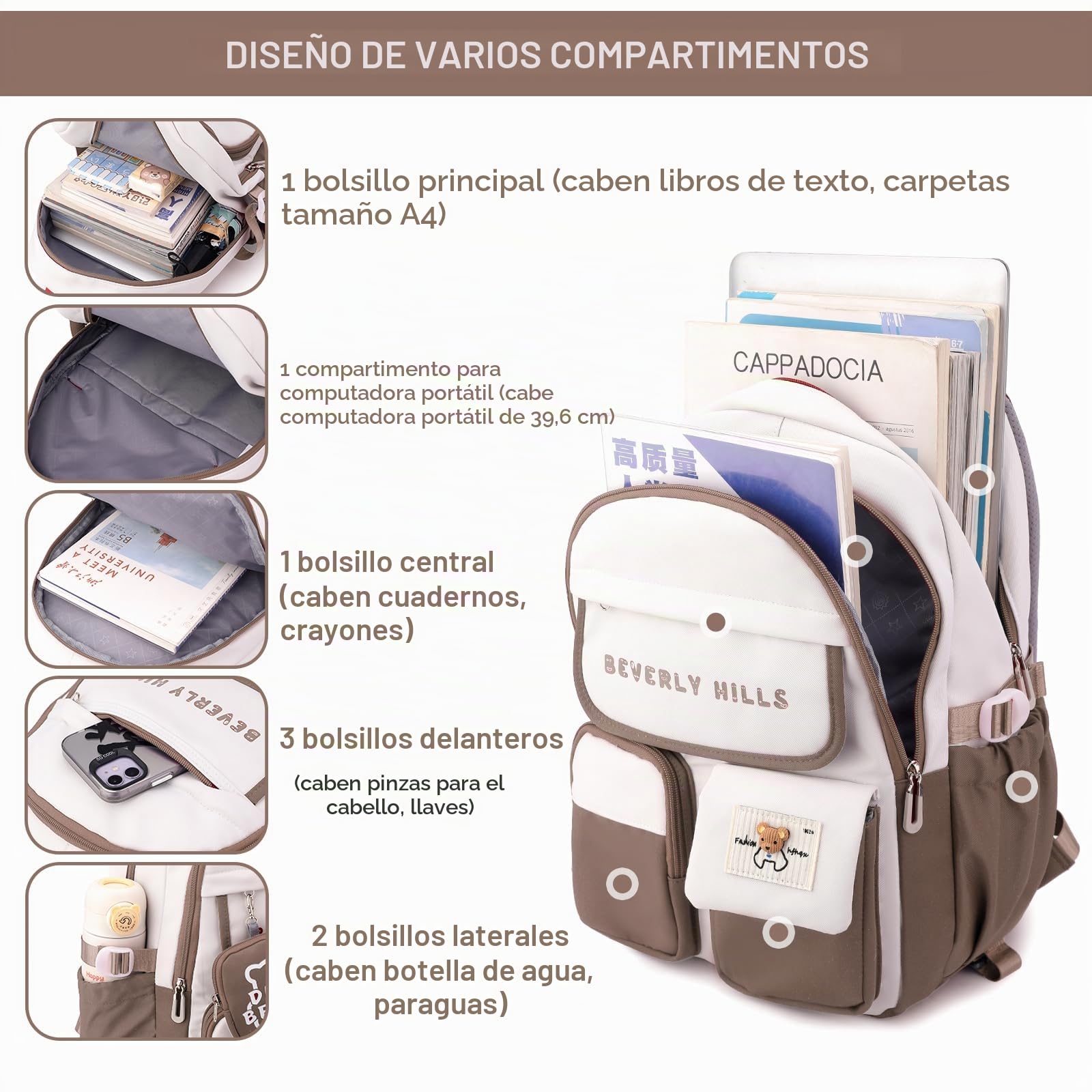 IvyH Mochila con Ruedas para Niñas Niños, Mochila Escolar Adolescentes 6 Ruedas, Carro Mochila Primaria para Chicas Chicos (Marrón)