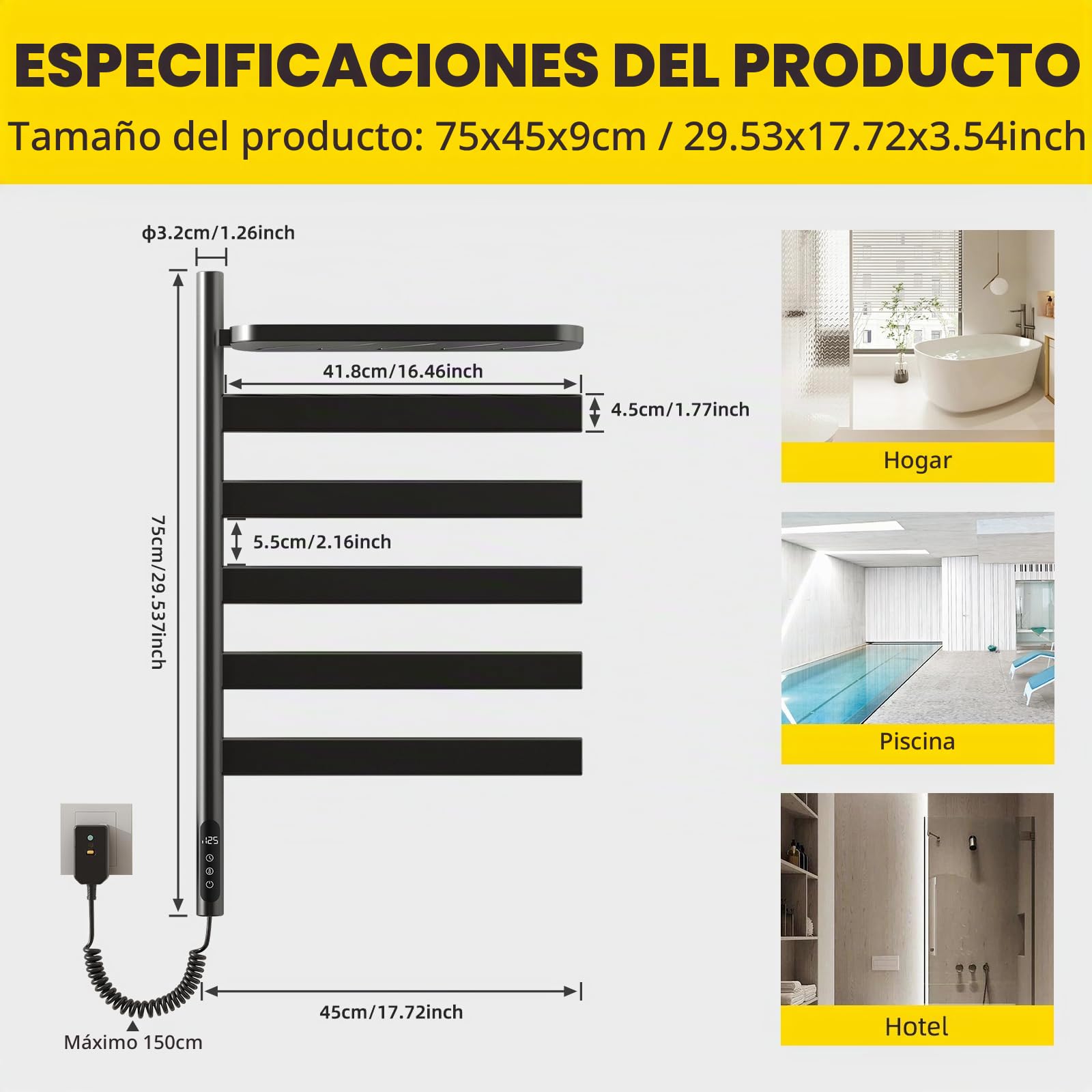 Toallero Electrico Baño Giratorio, Radiador Toallero Electrico Pared Acero Inoxidable 5 Barras,Calentador De Secador Toallas con Estante Y Termostato,150w 1-24H,Plug In & Hardwired,Negro