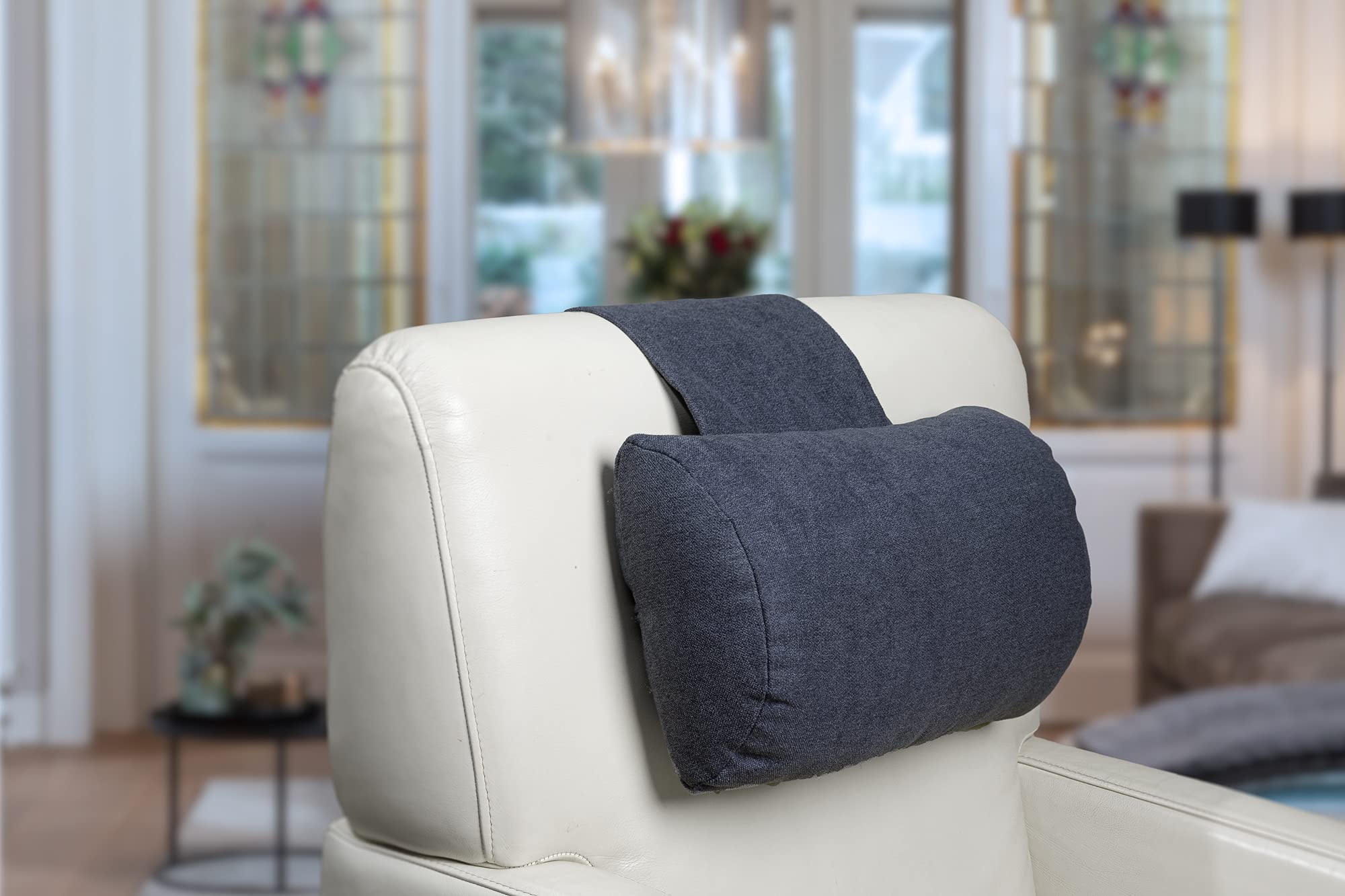 Almohada Confort Cervical para Sillones Reclinables y Sillas, 40cm de Ancho - Almohada Ajustable con Soporte Ergonómico y Contrapeso - Funda Lavable, Transpirable y Suave - Azul/Gris