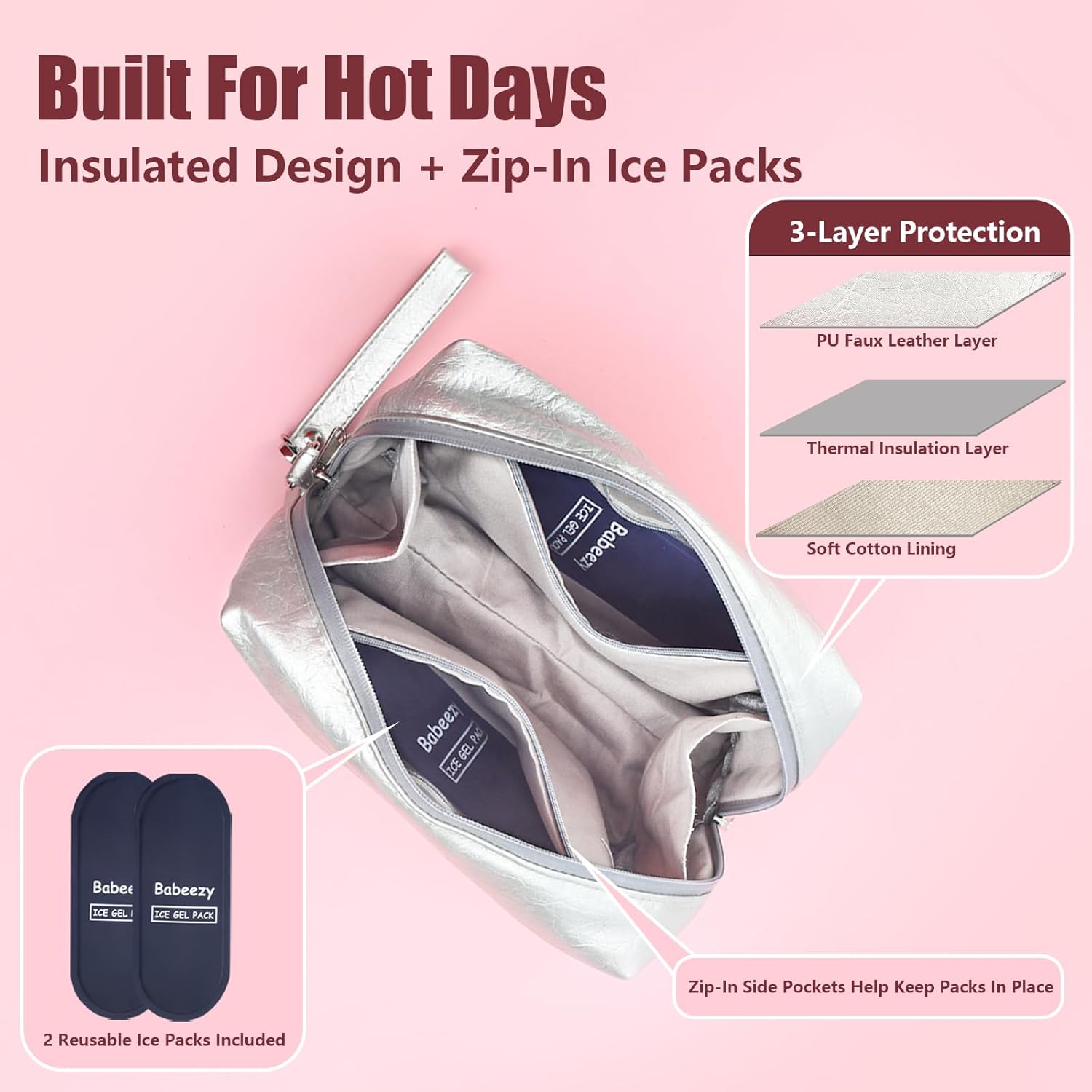 Insulated Cooling Makeup Bag with 2 Reusable Ice Packs Heat-Resistant Cosmetic Travel Organizer Silver Vegan Leather with Water-Resistant Double Zipper & Wrist Strap (Medium: 9.5x4.0x7.0in)