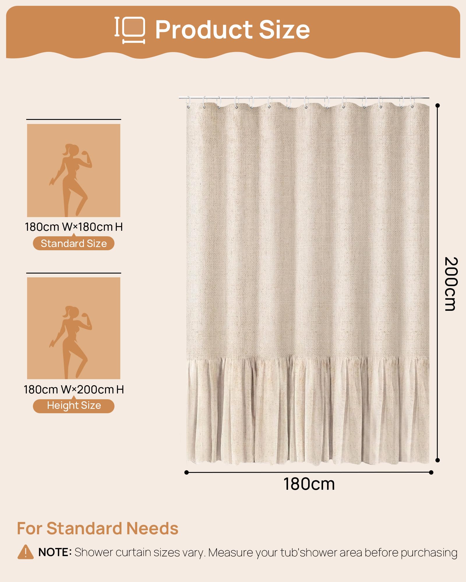 Tenda da Doccia in Lino Beige 180x200 cm – Impermeabile, Antimuffa e Antibatterica, Tessuto Pesante 180GSM con Orlo Zavorrato, Lavabile Tenda da doccia, con 12 Ganci per Bagno